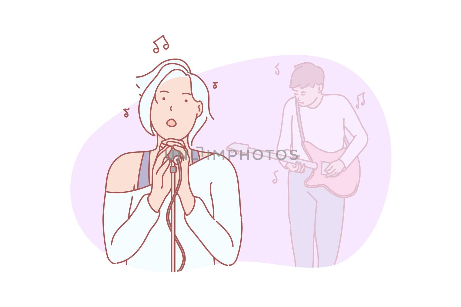 Music, band, singing concept. Young woman singer with man guitar player are doing perfomance at concer. Girl singer is standing on stage and sing music ong on microphone. Simple flat vector