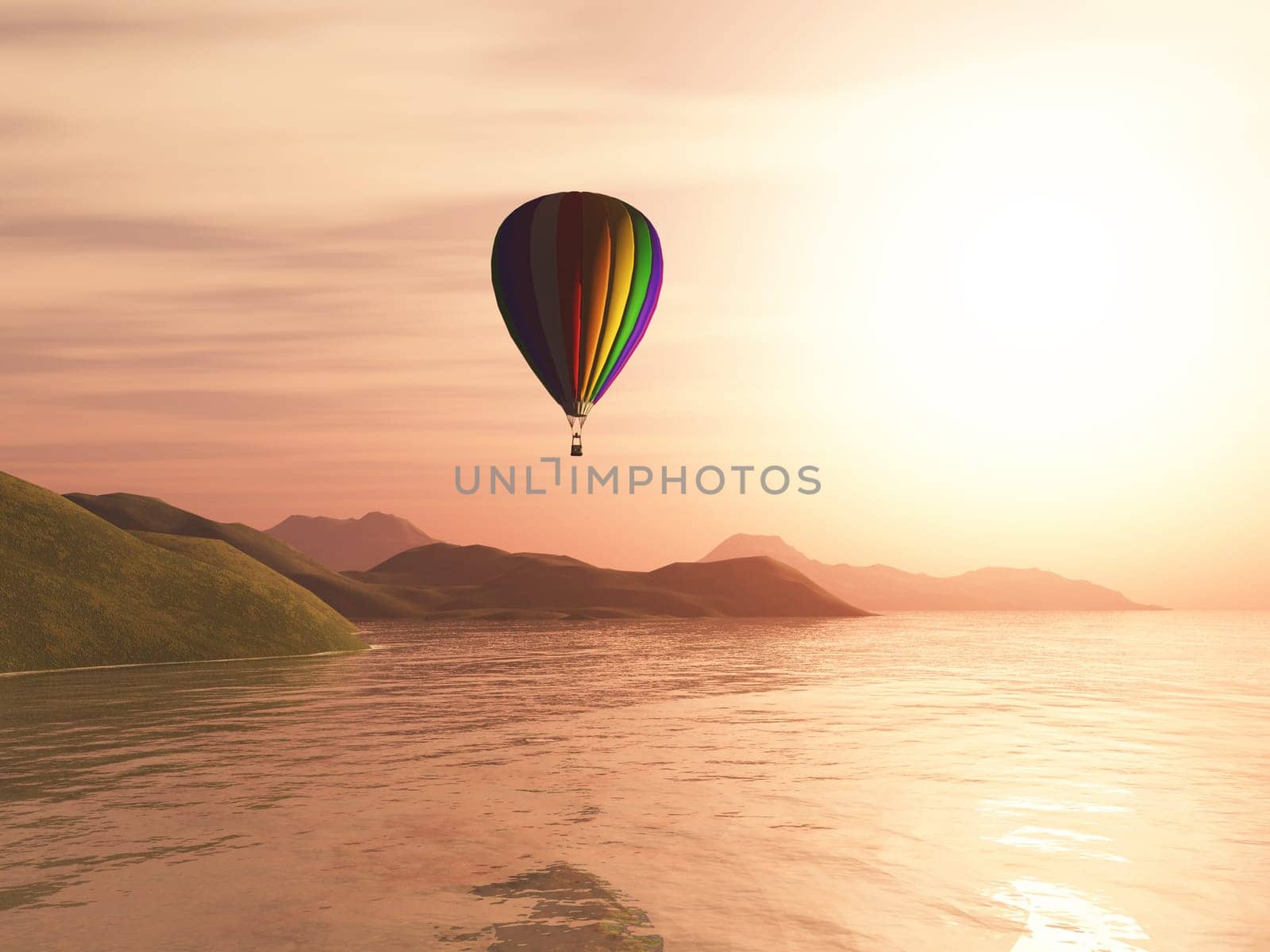 3D render of a hot air balloon against sunset landscape