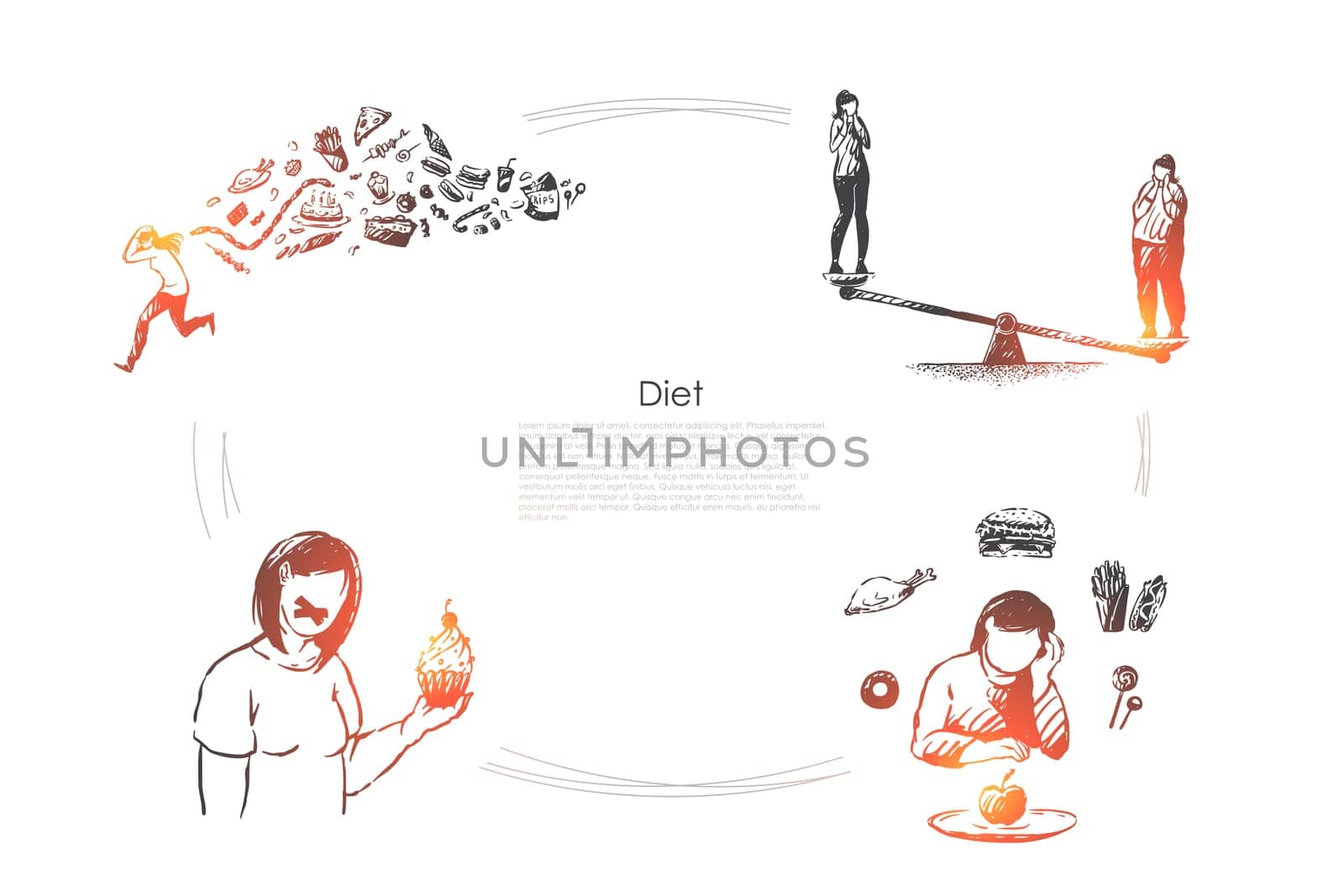 Healthy lifestyle, weight loss, calories control, woman eating fruits and vegetables, vegetarian food banner template. Nutrition plan, vitamin diet concept sketch. Hand drawn vector illustration