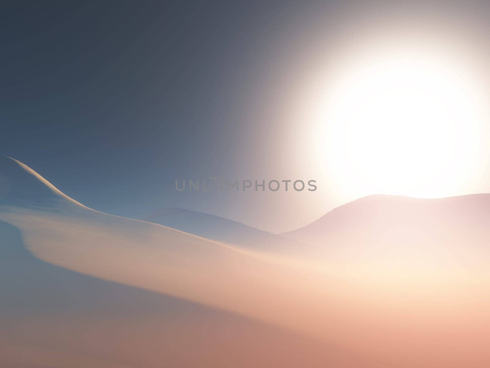 3D render of a landscape of a hazy desert scene at sunset