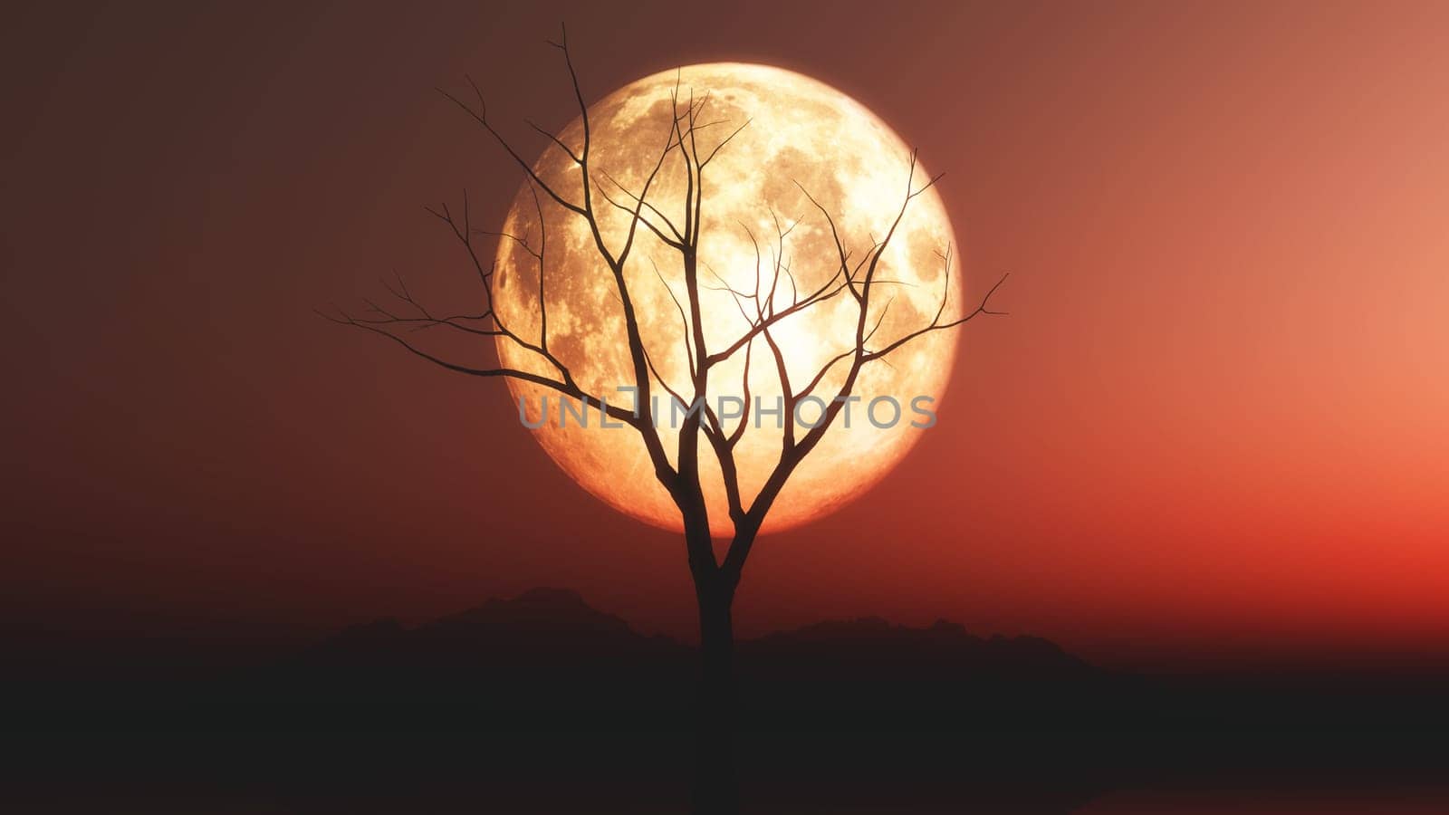 3D render of a landscape with old tree against a red moonlit sky