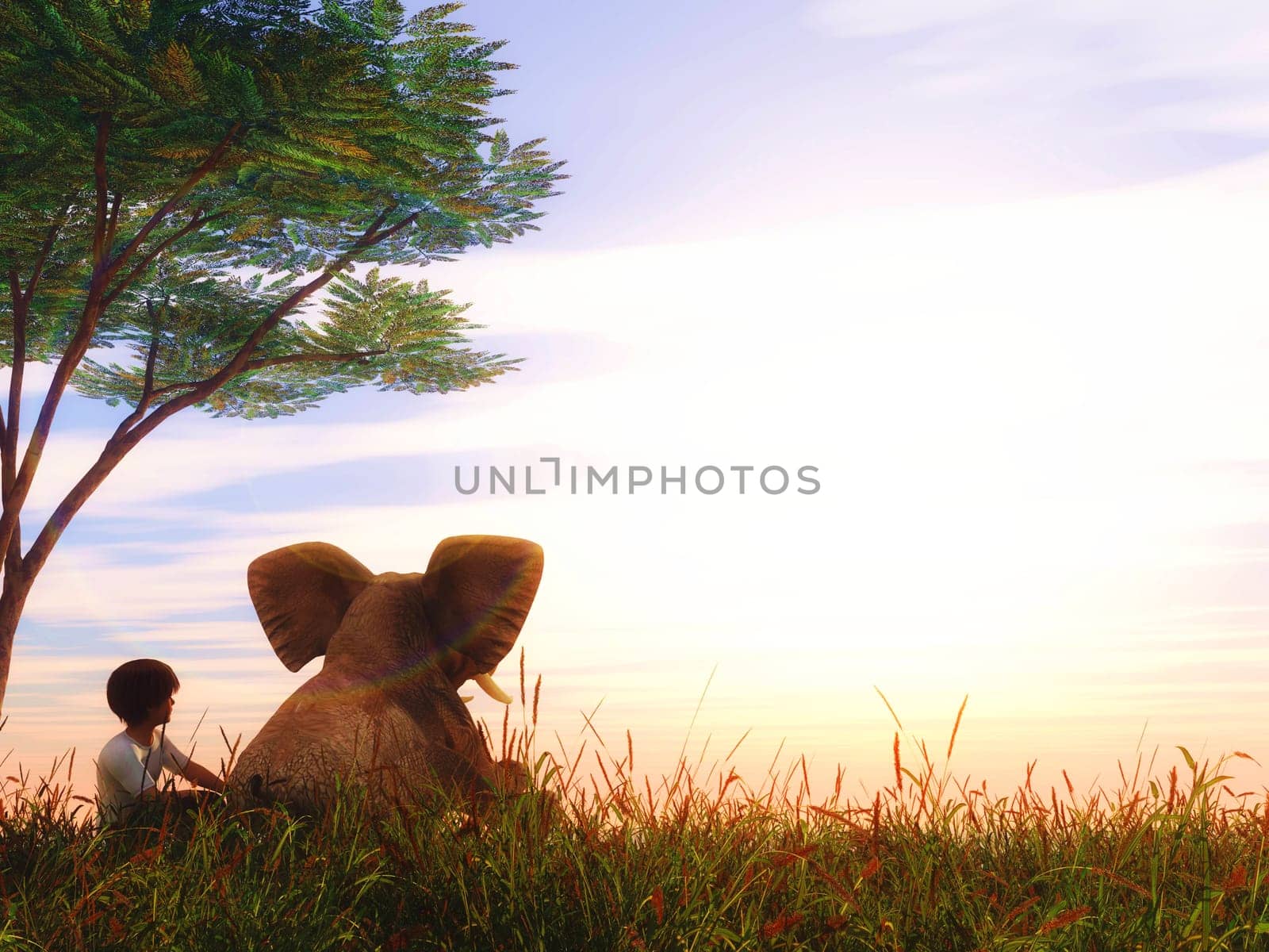 3D render of a landscape with boy and baby elephant sat under a tree