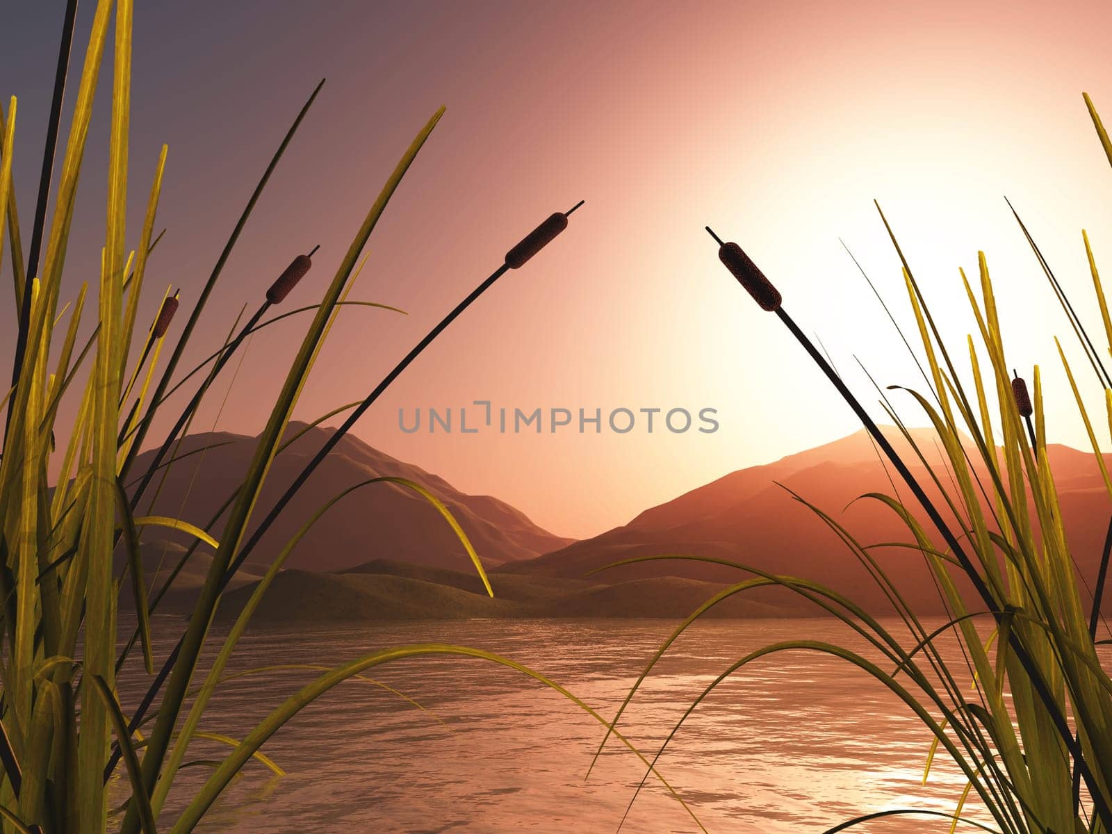 3D render of a landscape with reeds against sunset mountains