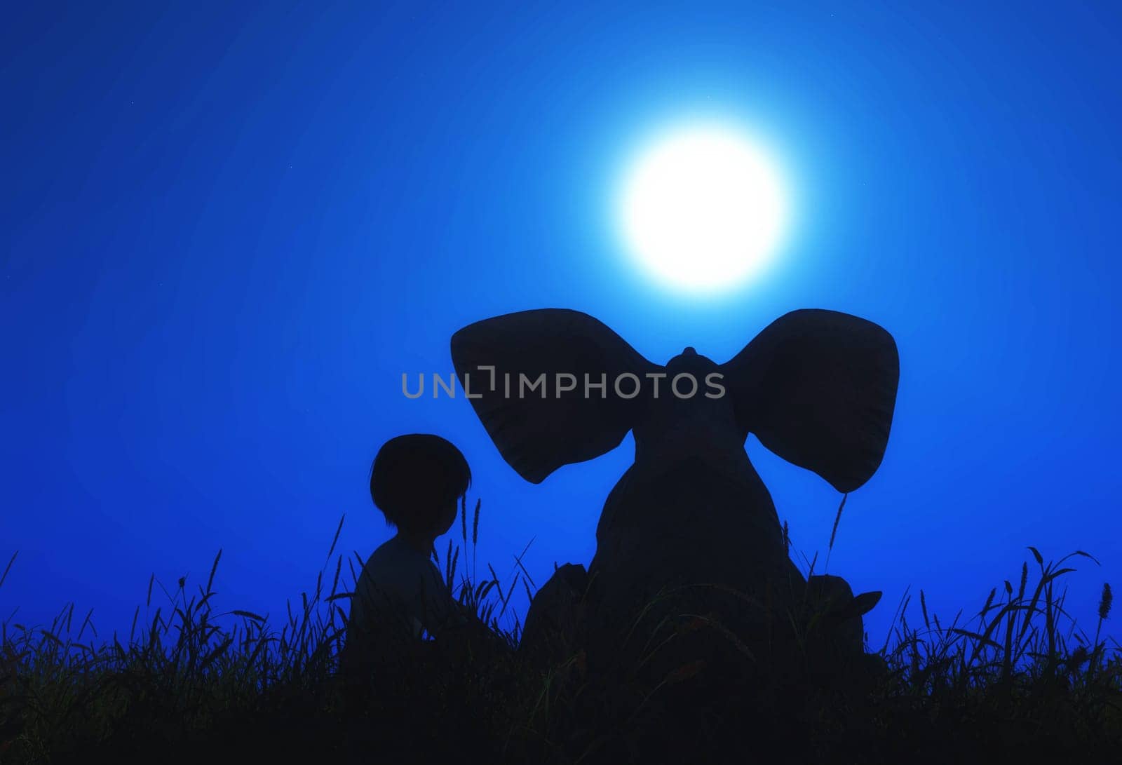 3D render of a landscape with boy and elephant sat against moonlit sky
