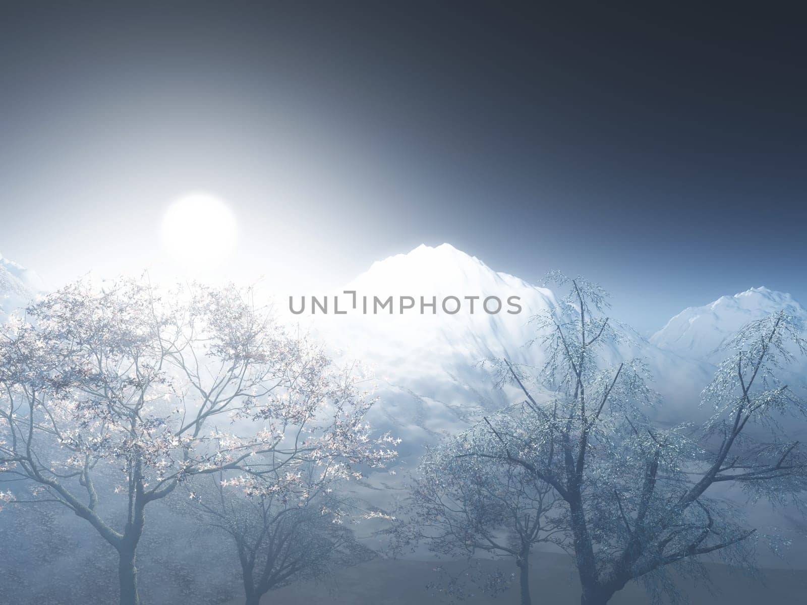 3D render of a landscape with snowy mountain