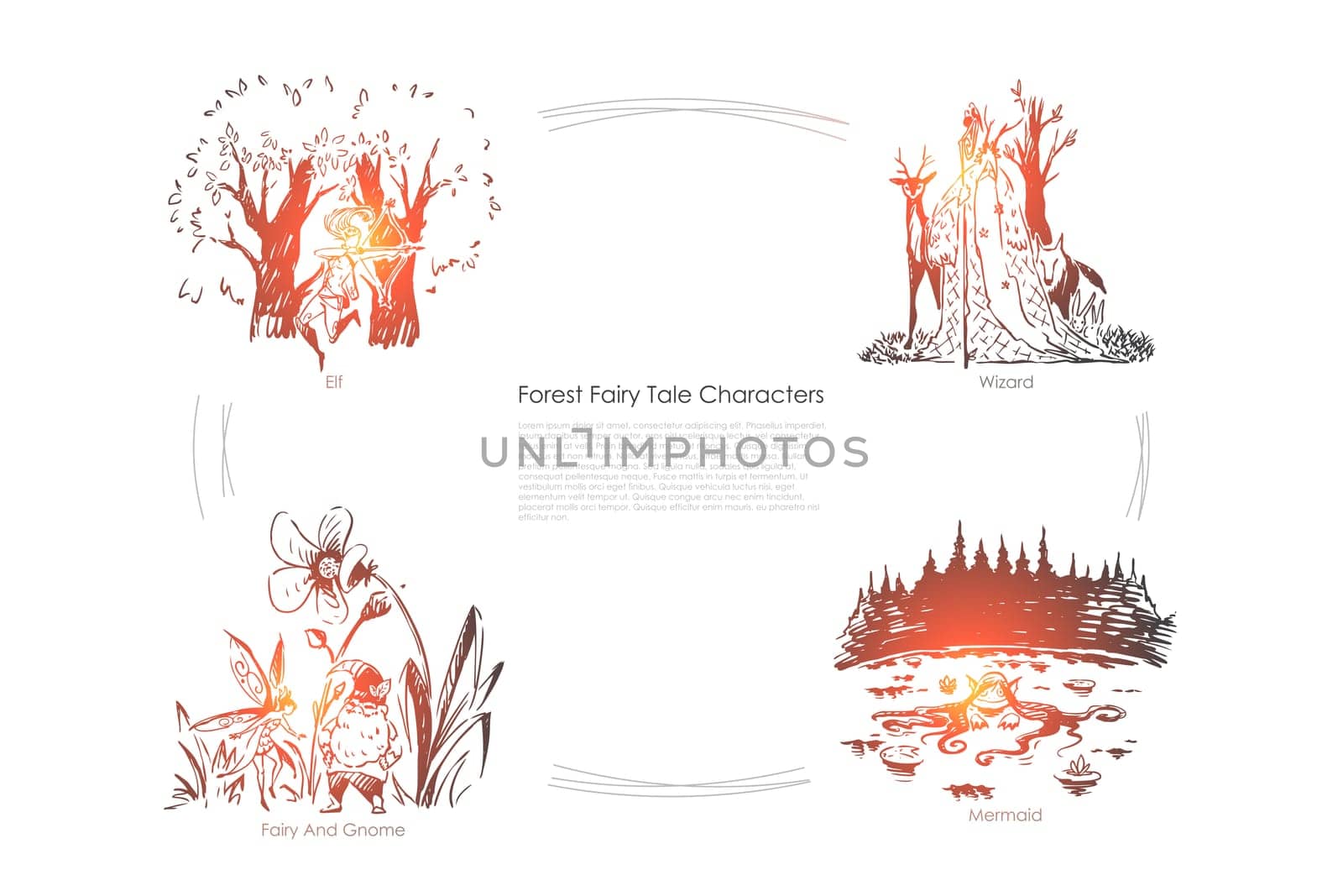 Fantastic imaginary, mythical creatures, elf, wizard, gnome and mermaid, imagination world, magic place banner template. Forest fairy tale characters concept sketch. Hand drawn vector illustration