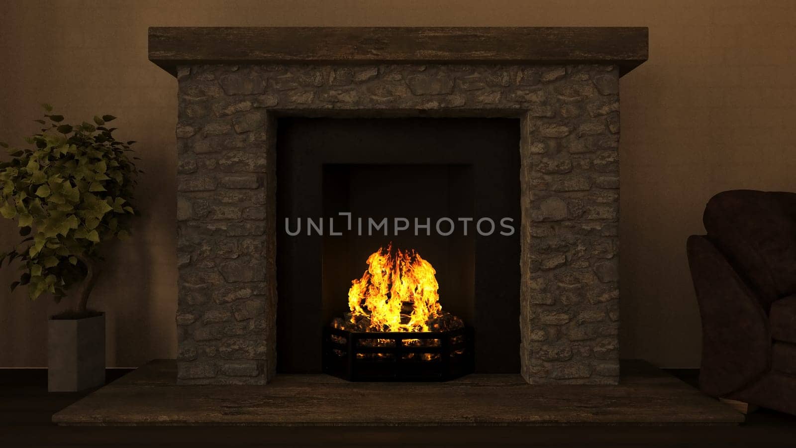 3D render of a lounge interior with roaring fire in fireplace