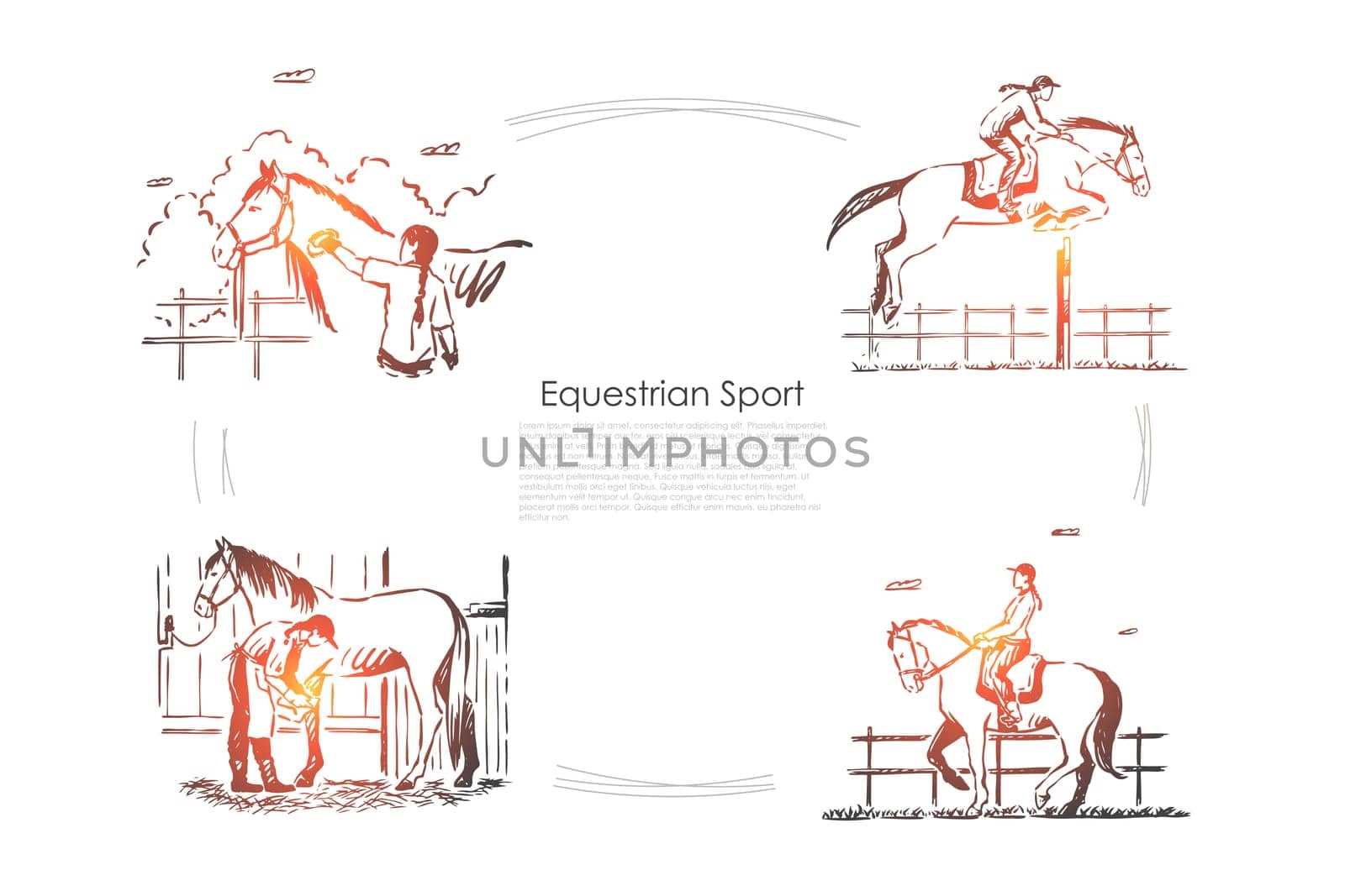 Hippodrome races, jockey on horseback, horseman in saddle, equine show, stallion in barn banner template. Horse breeding, equestrian sport concept sketch. Hand drawn vector illustration