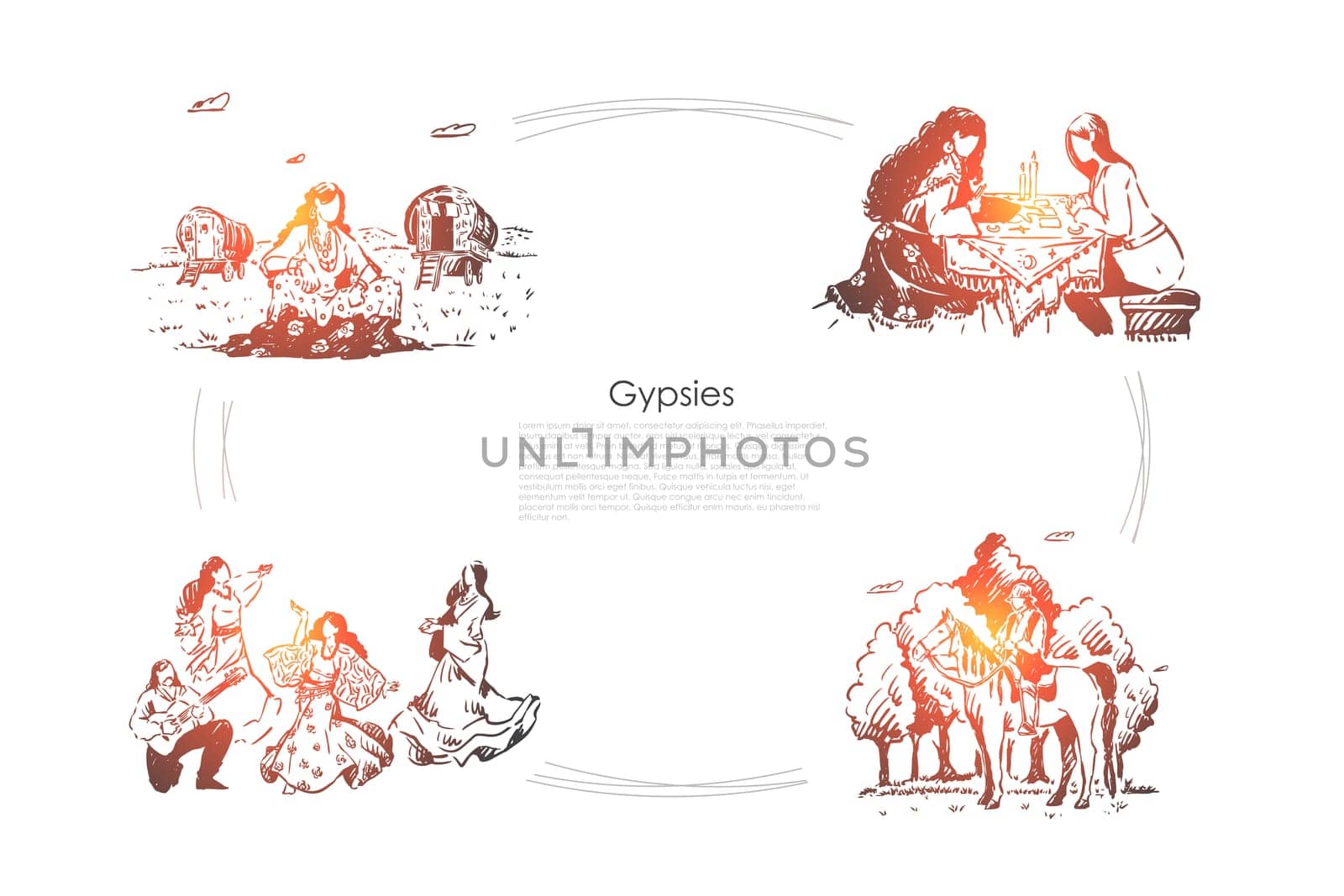 Oracle, fortune telling, future divination, young women in dresses dancing, man playing guitar banner. Romani lifestyle, gypsies caravan concept sketch. Hand drawn vector illustration