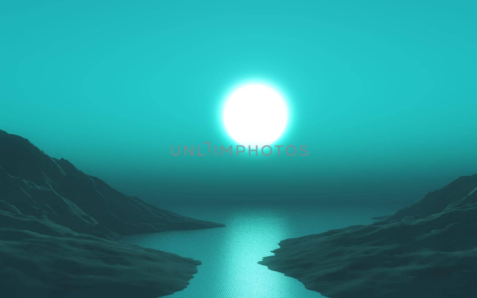 3D render of a landscape with green sunset sky