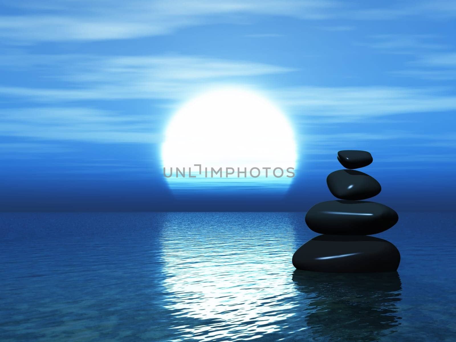 3D render of a landscape with stacked pebbles in sunset ocean