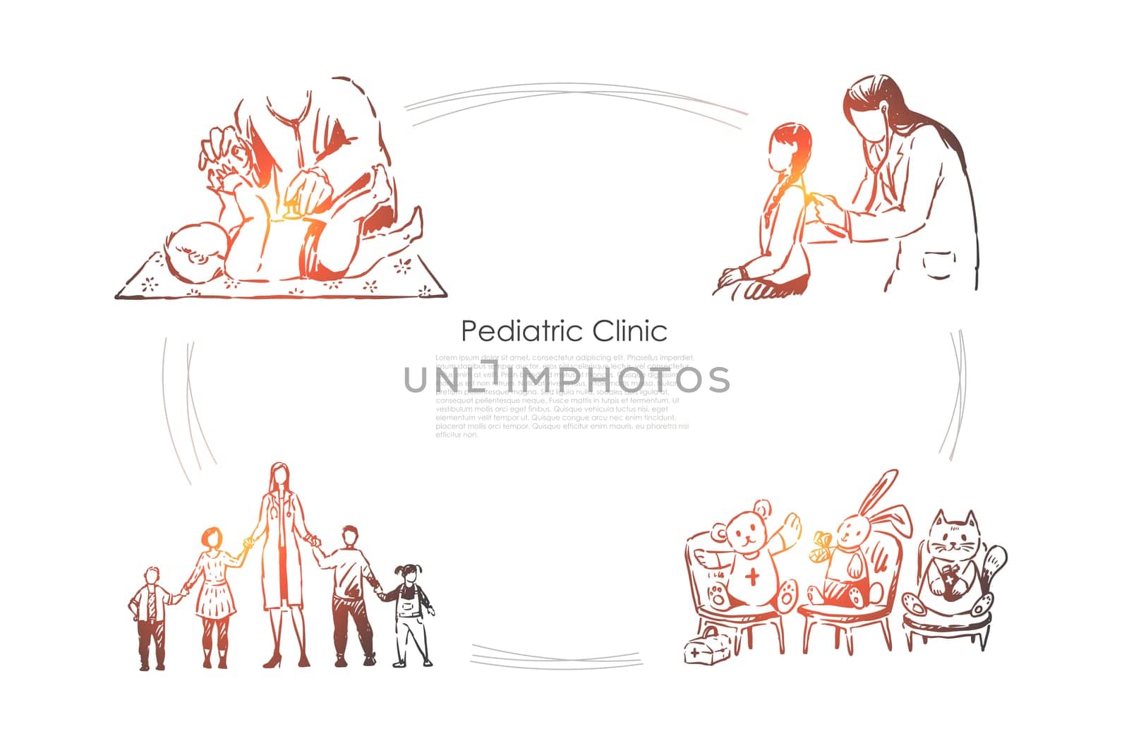 Children hospital, physician checks kids health, doctor and little patients holding hands, childcare banner. Pediatrician profession, pediatric clinic concept sketch. Hand drawn vector illustration