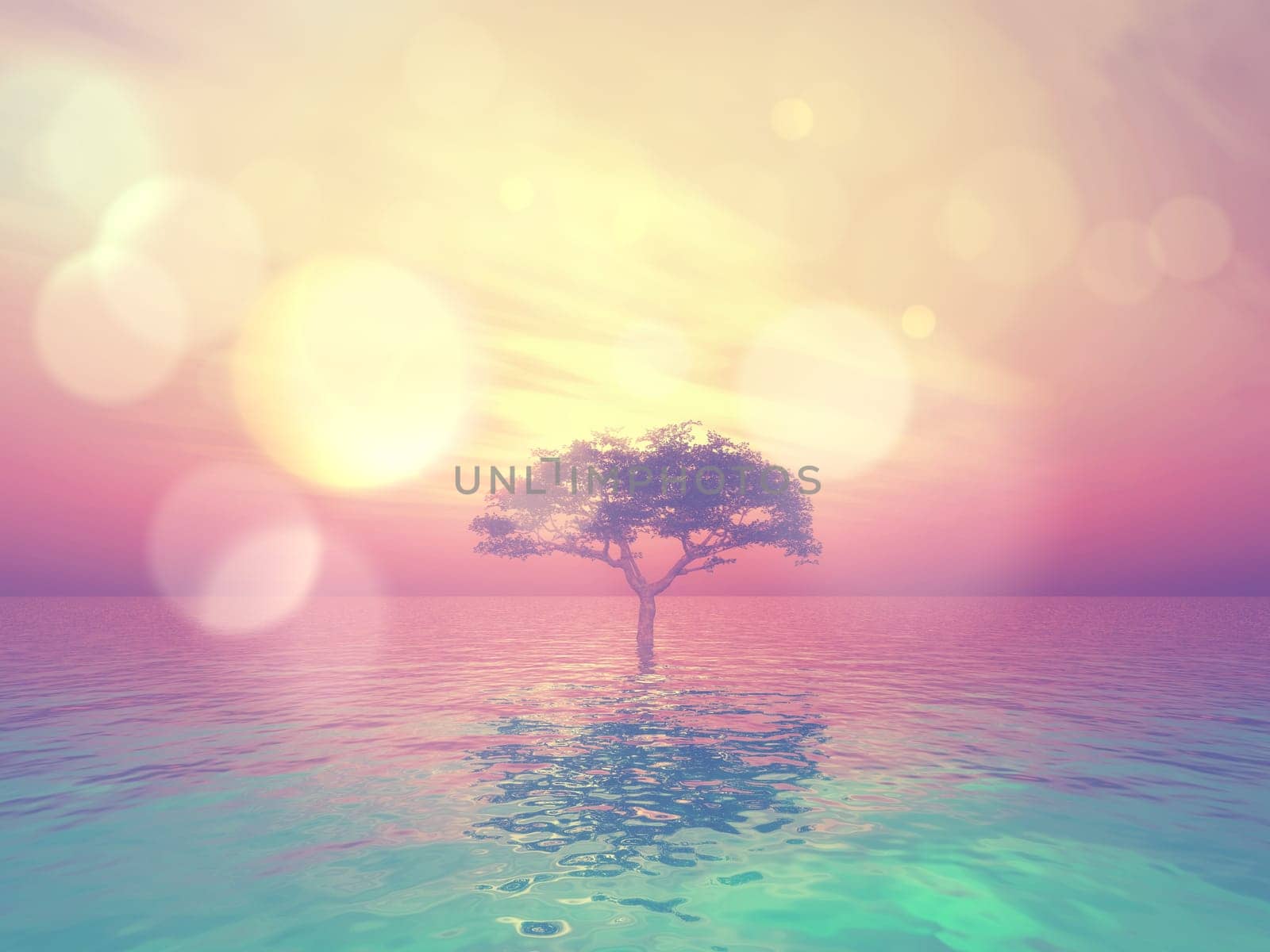 3D render of a landscape with tree in ocean against a sunset sky with vintage bokeh lights