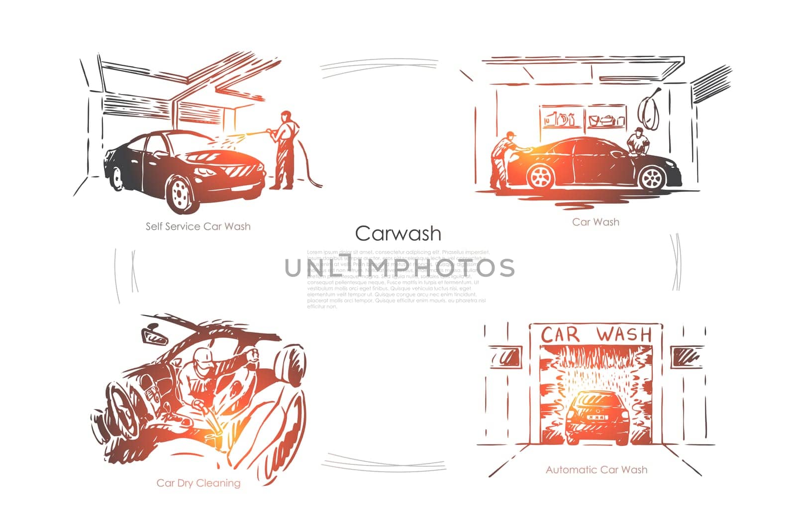 Automobile maintenance business, vehicle care, automatic and dry transport cleaning banner template. Car wash service, auto washing station concept sketch. Hand drawn vector illustration