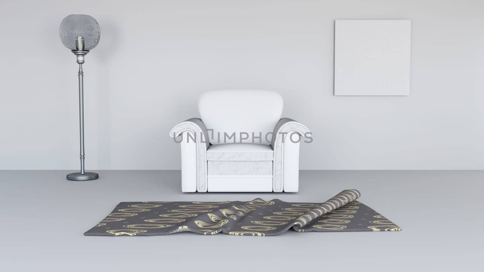 3D render of a lounge interior with blank canvas on wall