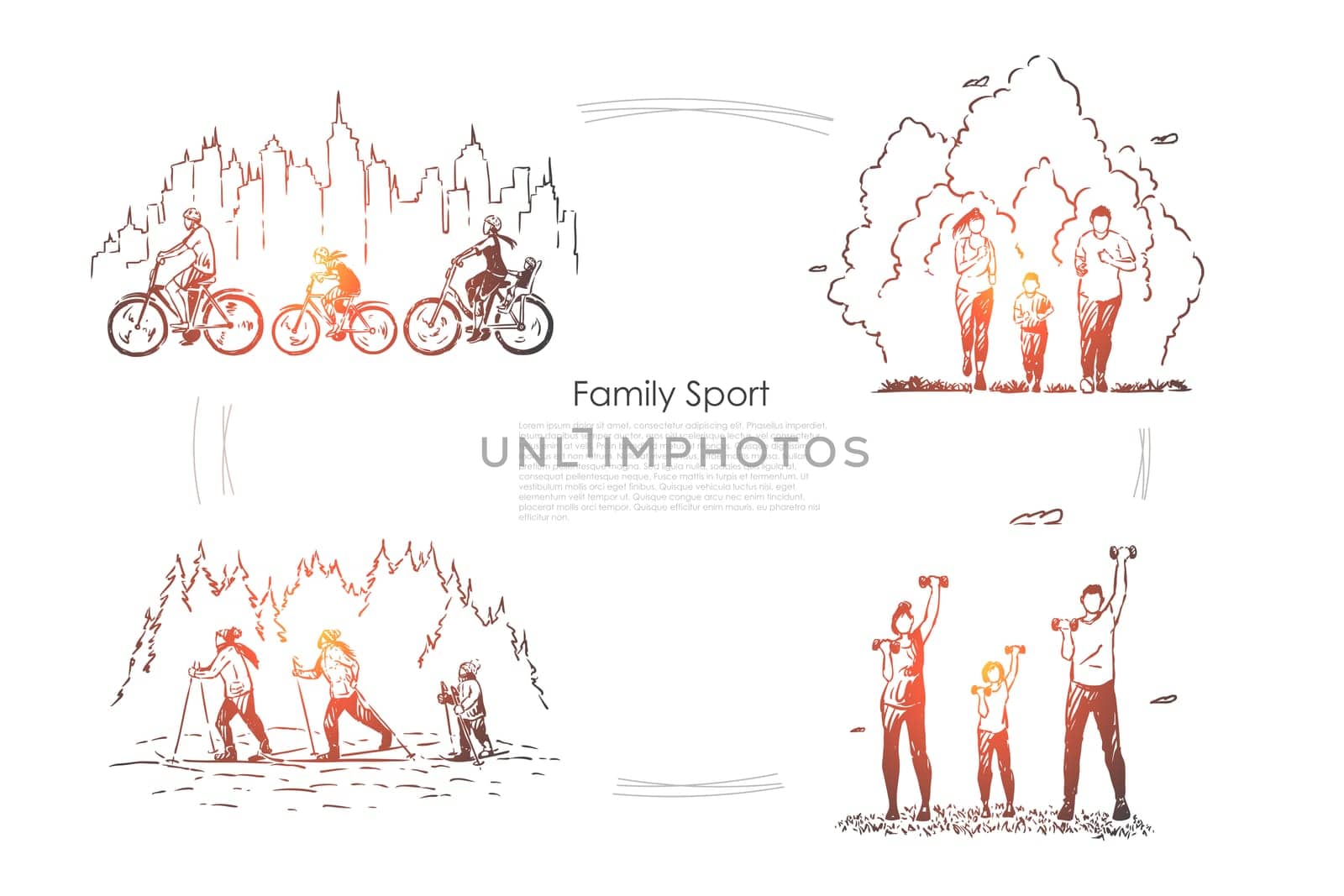 Parents with child training together, kid cycling, jogging, skiing with mother and father, workout banner. Family sport, healthy lifestyle concept sketch. Hand drawn vector illustration