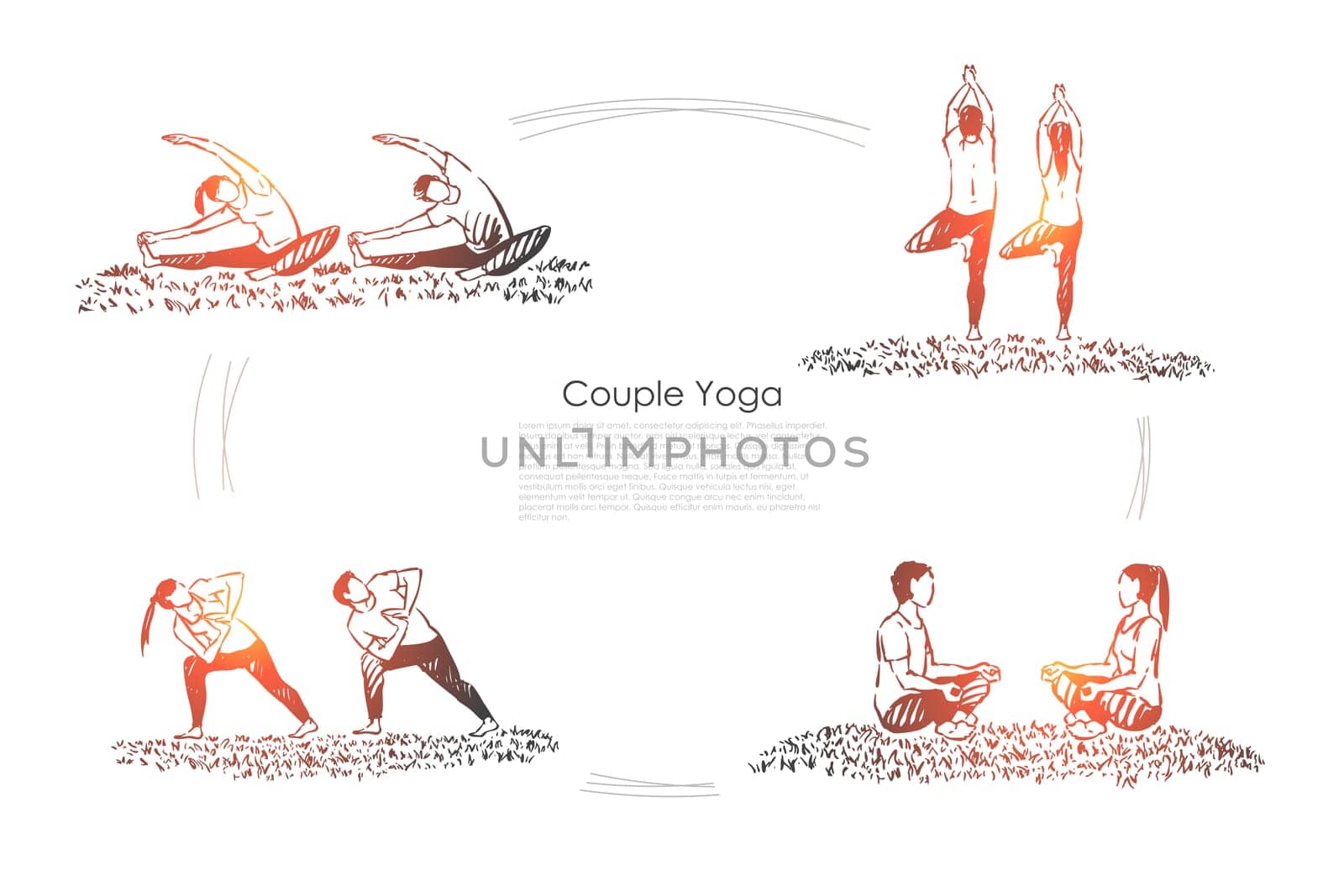 Man and woman sitting in lotus pose, healthy lifestyle, people meditating, husband and wife relaxation banner. Couple yoga, fitness exercise concept sketch. Hand drawn vector illustration