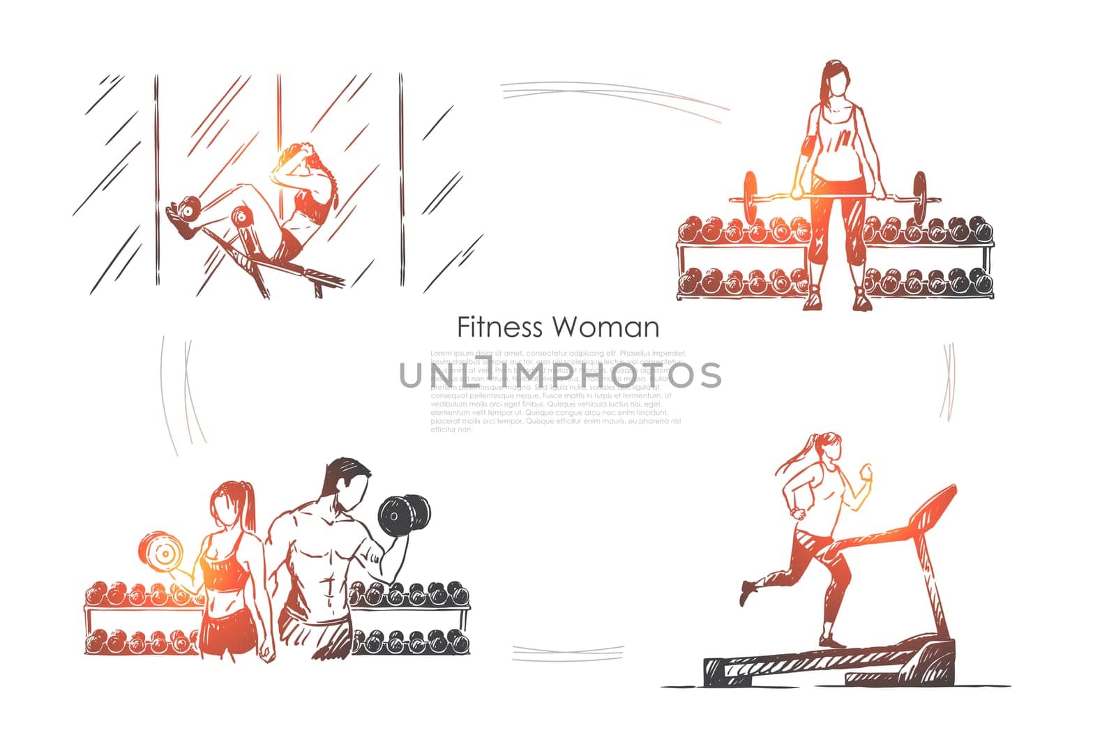 Sportswoman working out, sport activity, people training in gym, treadmill jogging, bodybuilding banner. Fitness exercise, healthy lifestyle concept sketch. Hand drawn vector illustration