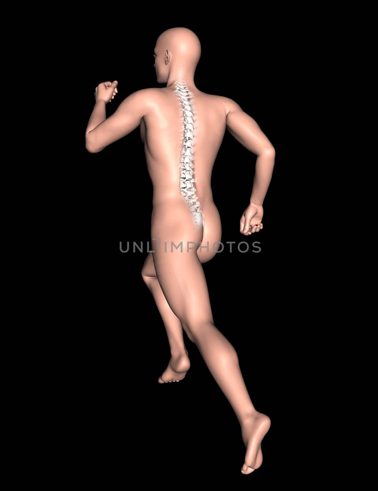 3D render of a male figure in running pose with spine highlighted