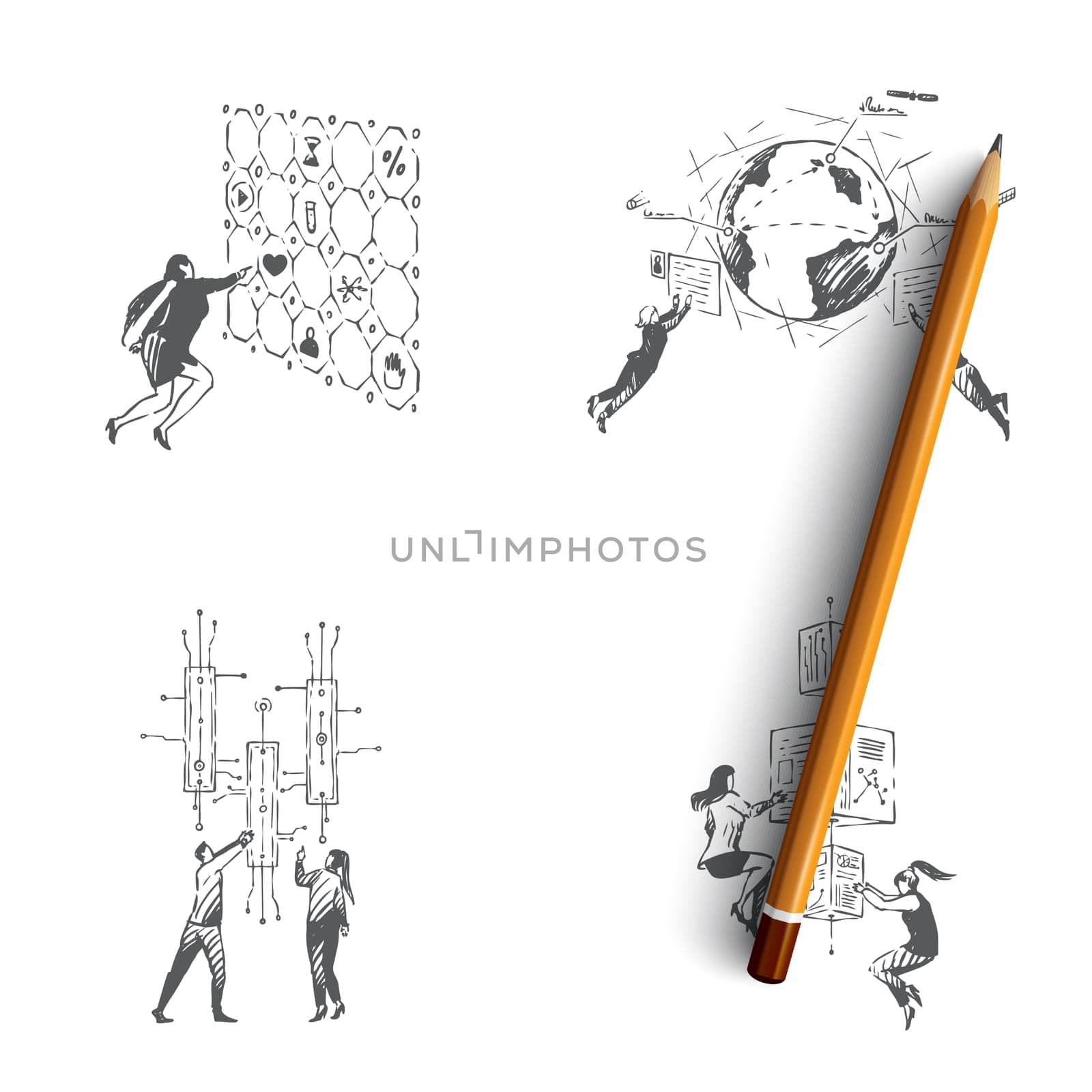 Future technologies - people pushing buttons, looking at screens and exploring technologies of future vector concept set. Hand drawn sketch isolated illustration