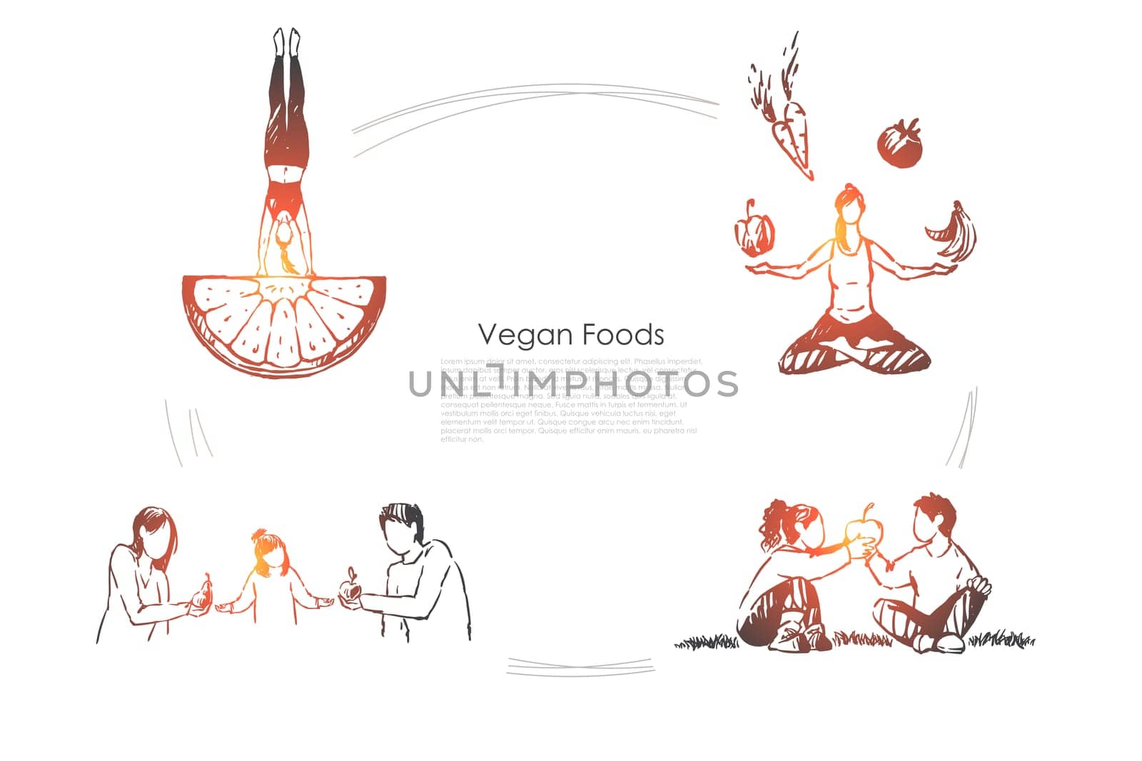 People eating organic food, fruits and vegetables, healthy lifestyle, woman sitting in lotus pose banner. Vegetarian diet, nutrition plan concept sketch. Hand drawn vector illustration