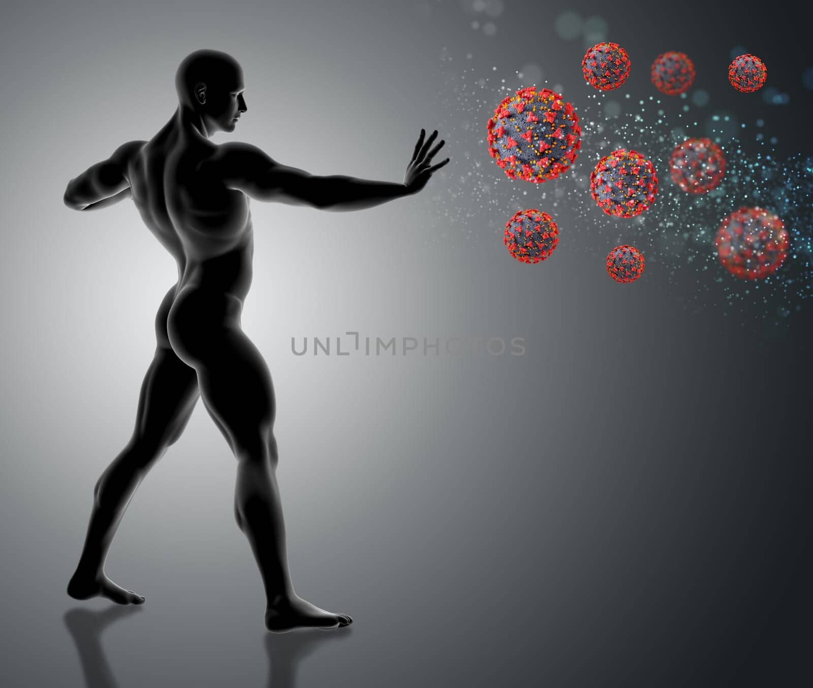 3D render of a male figure holding hand out and stopping Covid 19 virus cells