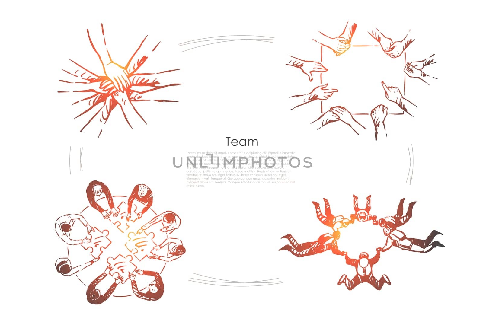 Teamwork, partnership, coworkers brainstorming team, idea generation, colleagues working together, friends communication banner. Team building exercise concept sketch. Hand drawn vector illustration