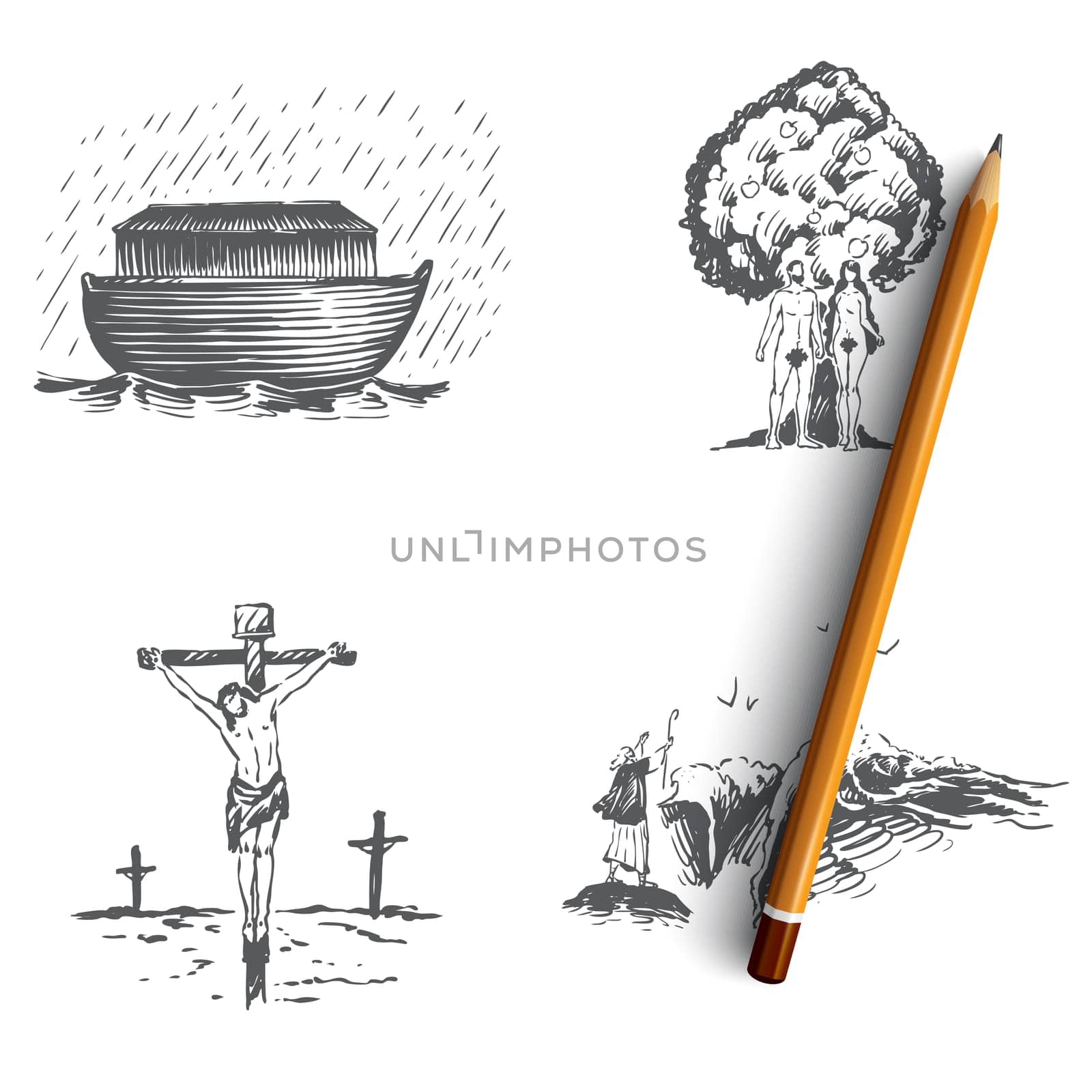 Bible narratives - Noahs ark, Adam and Eve, Jesus Christ vector concept set. Hand drawn sketch isolated illustration