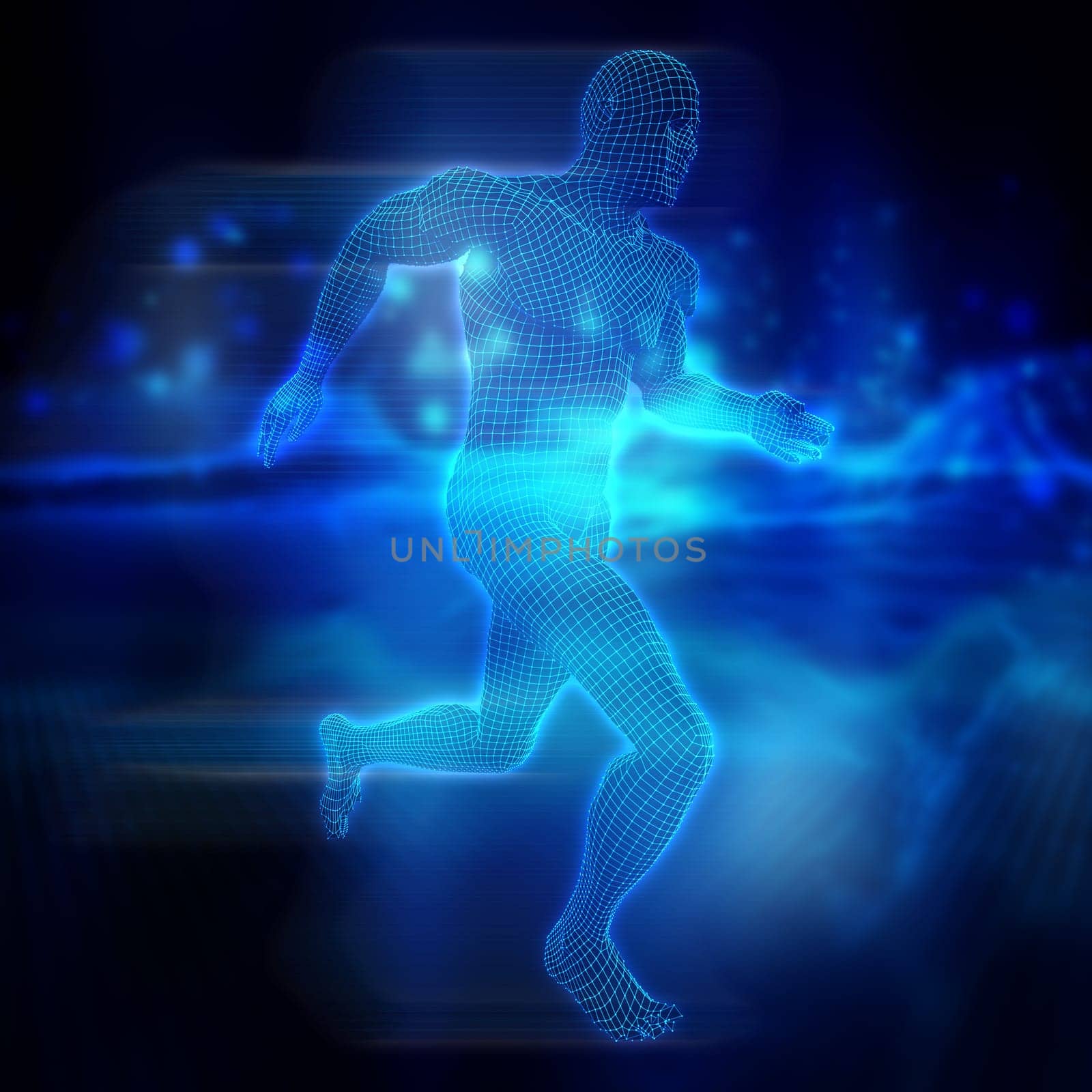 3D render of a male figure in running pose with wireframe effect