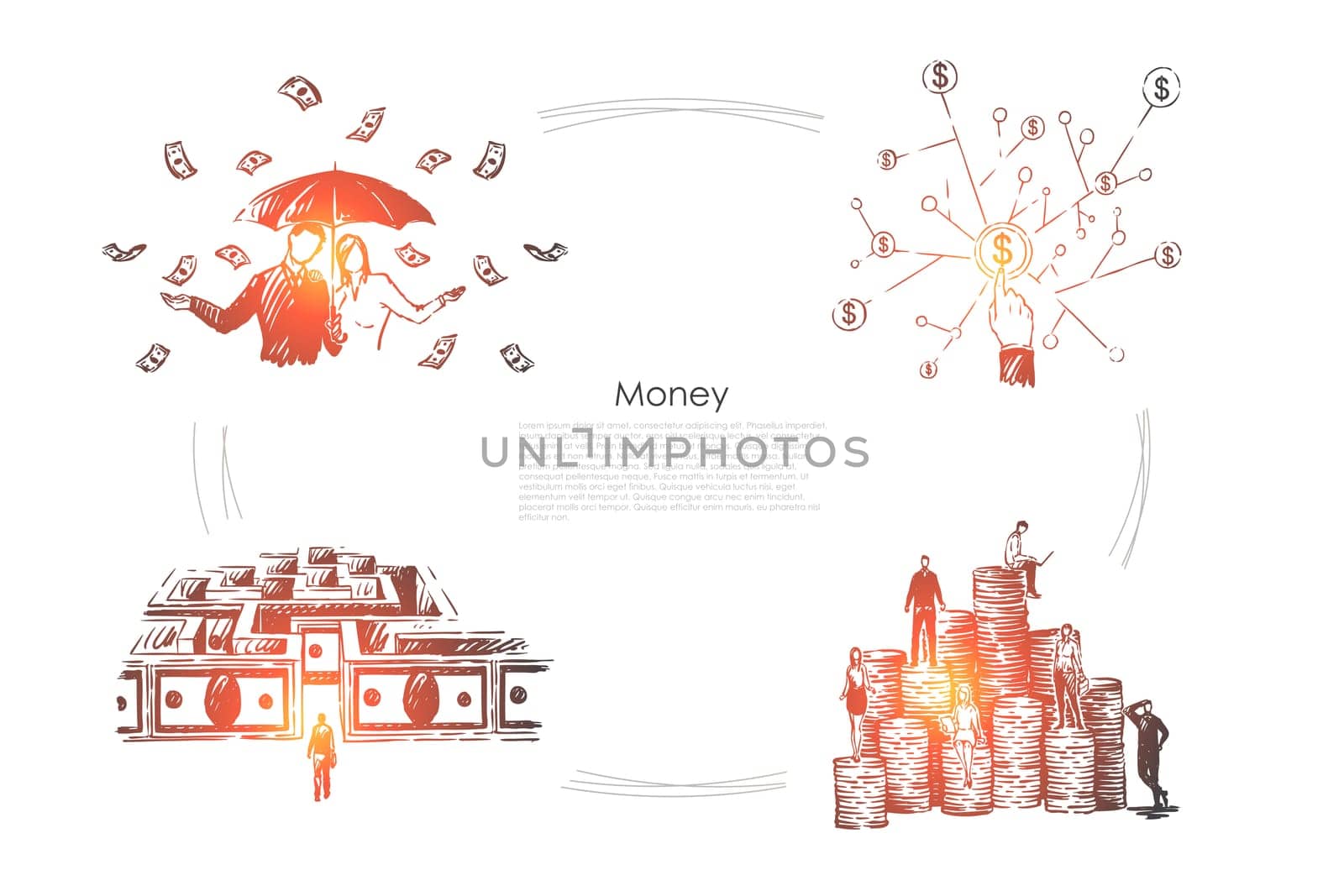 Profit, income, millionaires with umbrella under money rain, cash maze, rich people on coin stacks banner. Financial literacy, business investment concept sketch. Hand drawn vector illustration