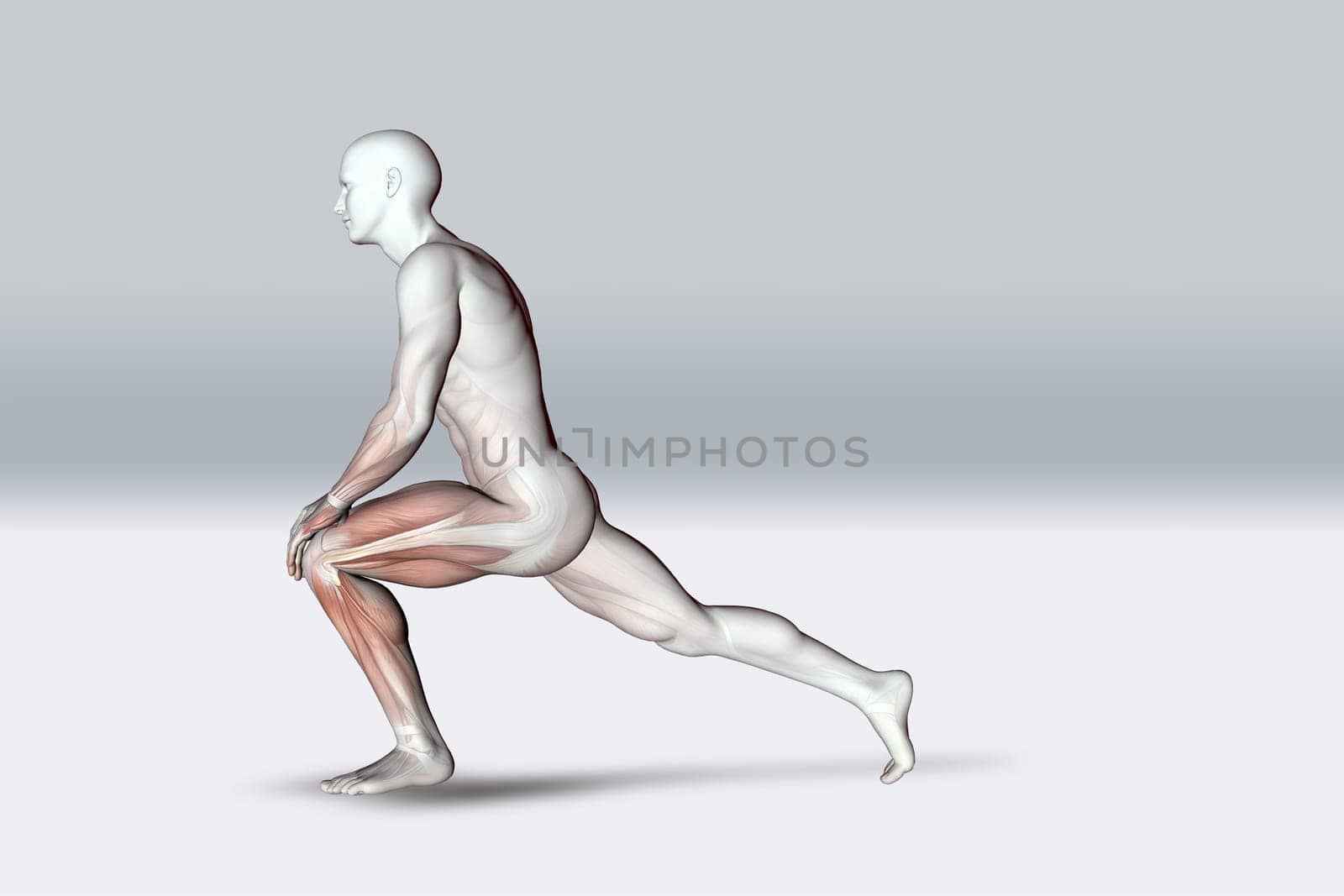 3D render of a male figure in stretching pose holding knee and showing muscles