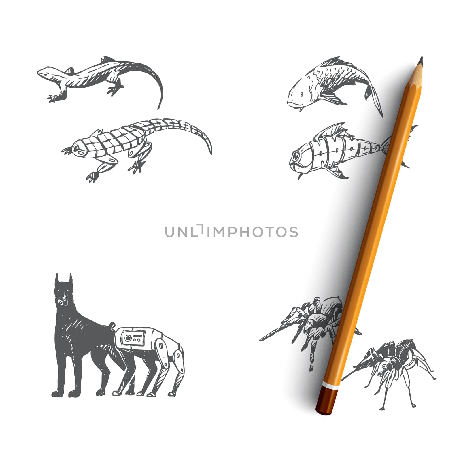 Bio robots - robot fish, dog, spider and gecko vector concept set. Hand drawn sketch isolated illustration