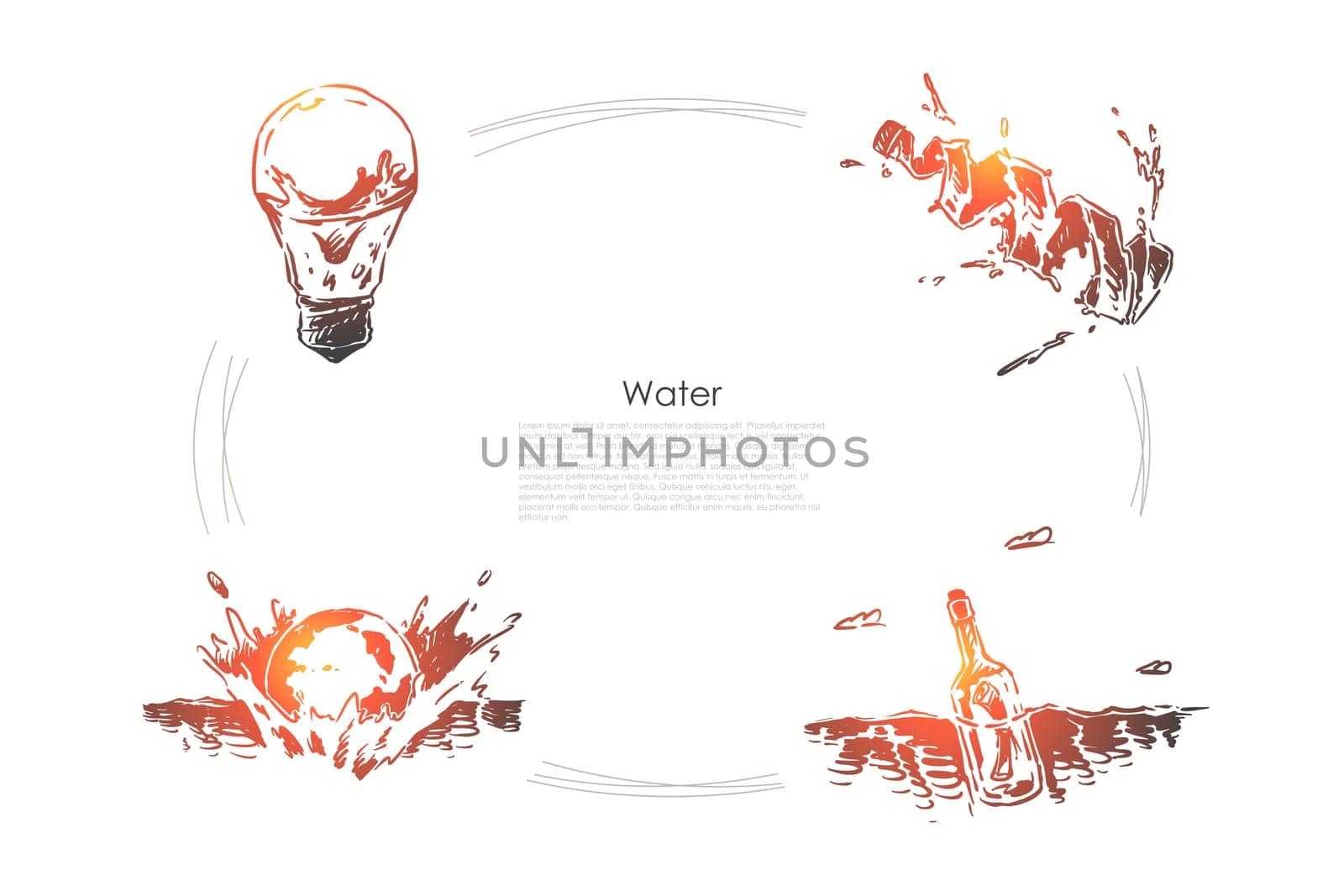 Sea inside light bulb, fresh drink, globe splashes in water, message in drifting bottle, nature purity banner template. Ocean pollution, waste abstract concept sketch. Hand drawn vector illustration