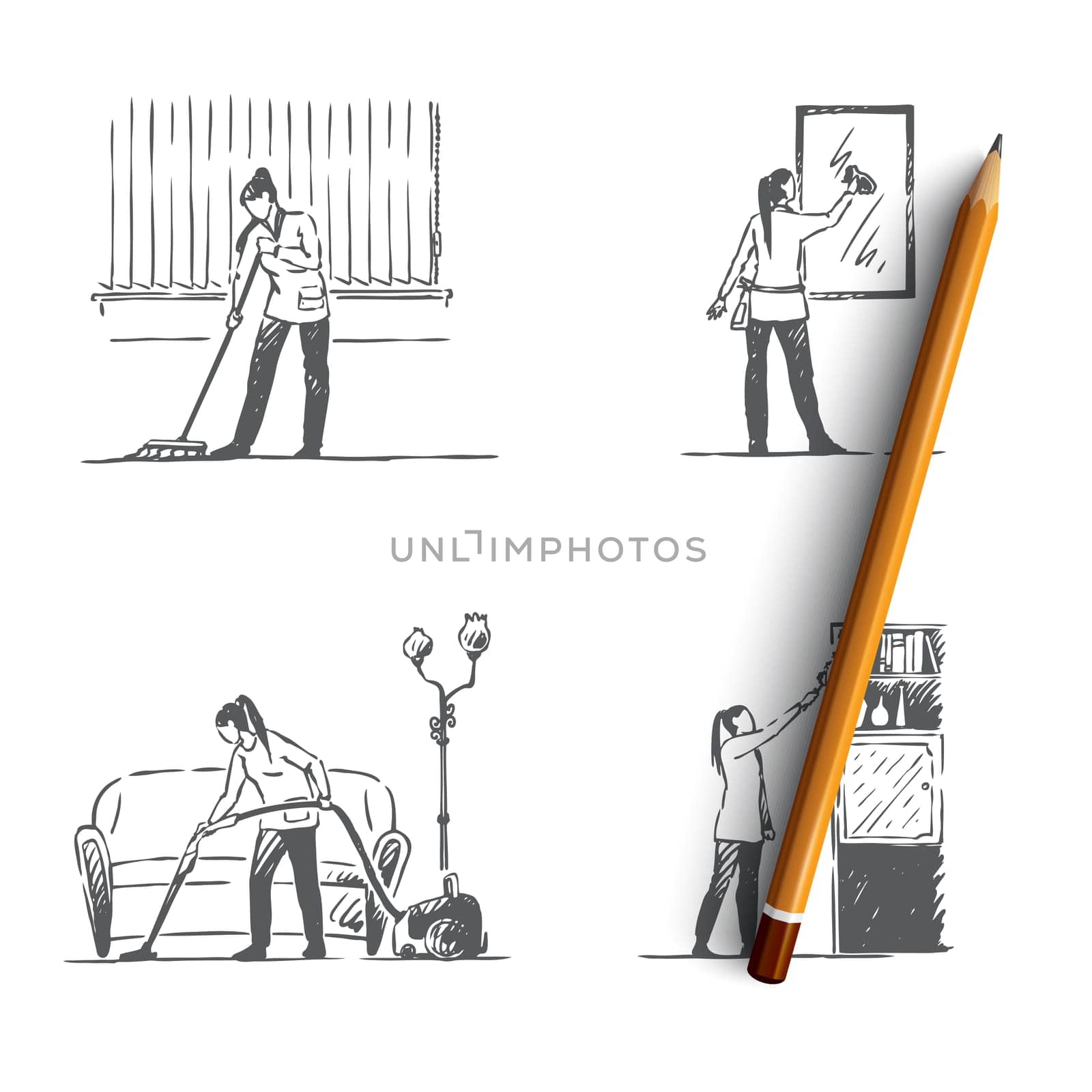 Cleaning service - washing floor, mirrors, shelves and vacuuming vector concept set. Hand drawn sketch isolated illustration