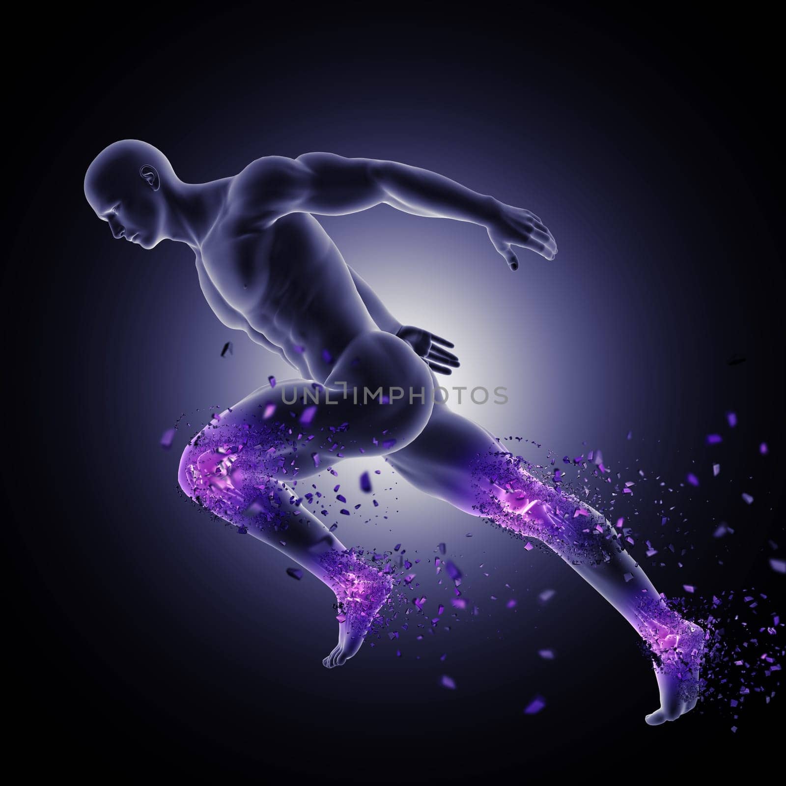 3D render of a male figure in sprinting pose with leg joints highlighted and shattering