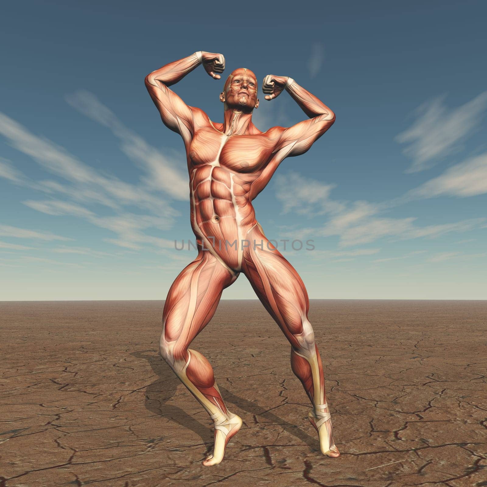 3D render of a male body buildern with muscle map in barren landscape