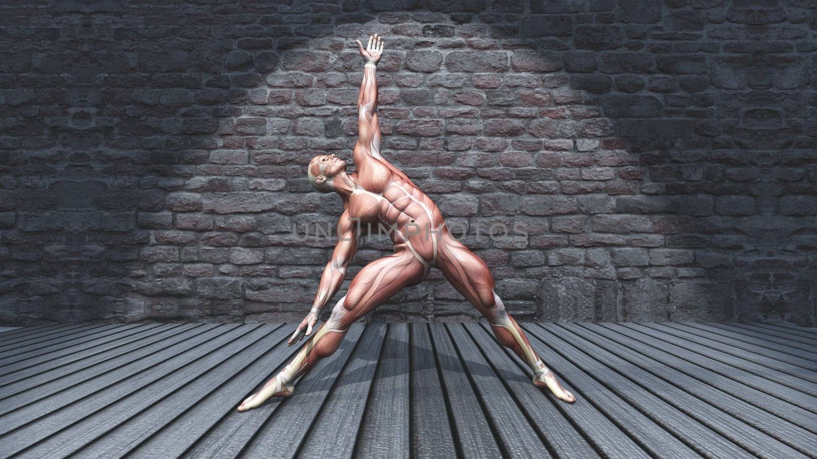 3D render of a male figure in triangle pose in grunge interior