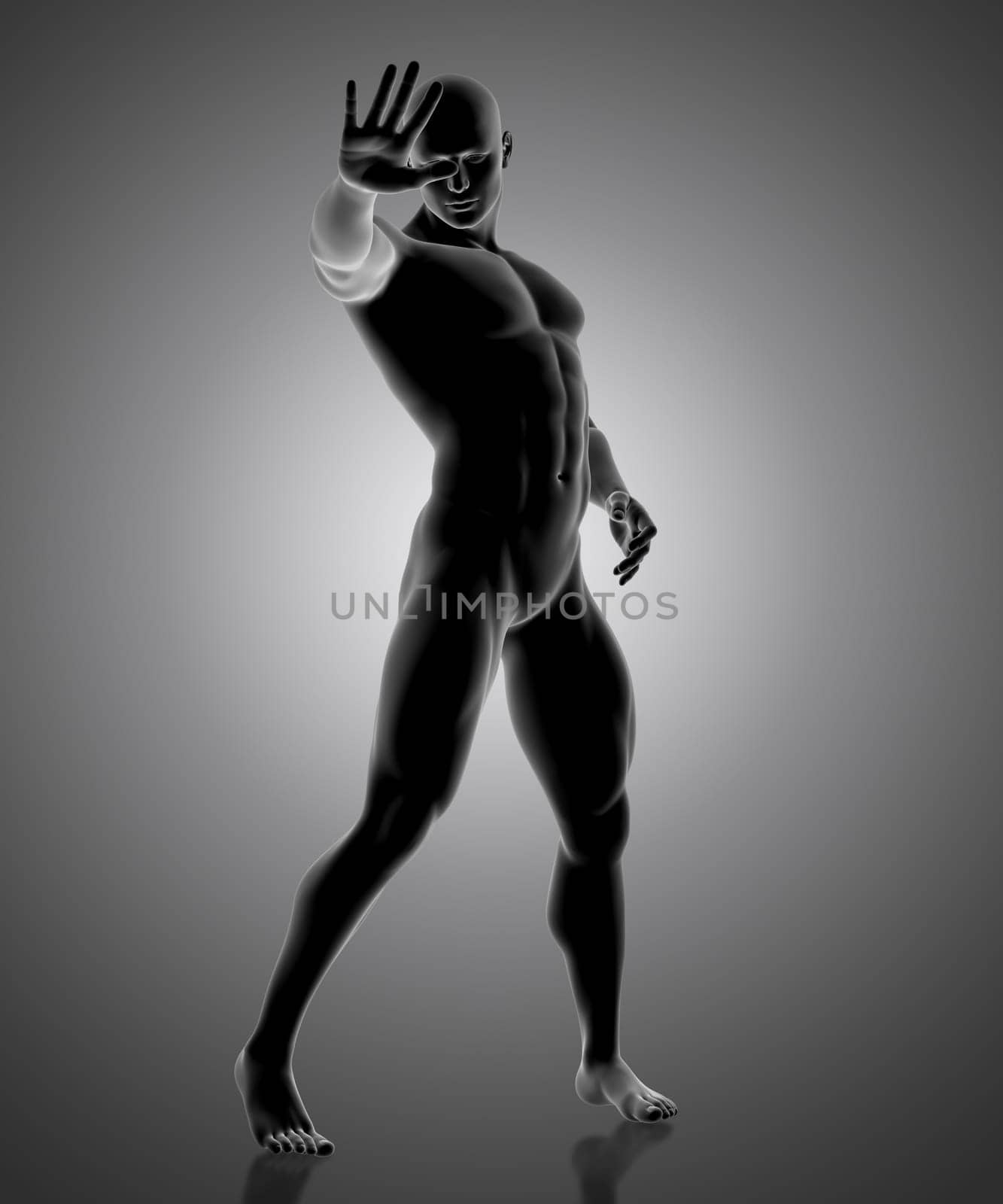 3D render of a male figure holding his hand out in front