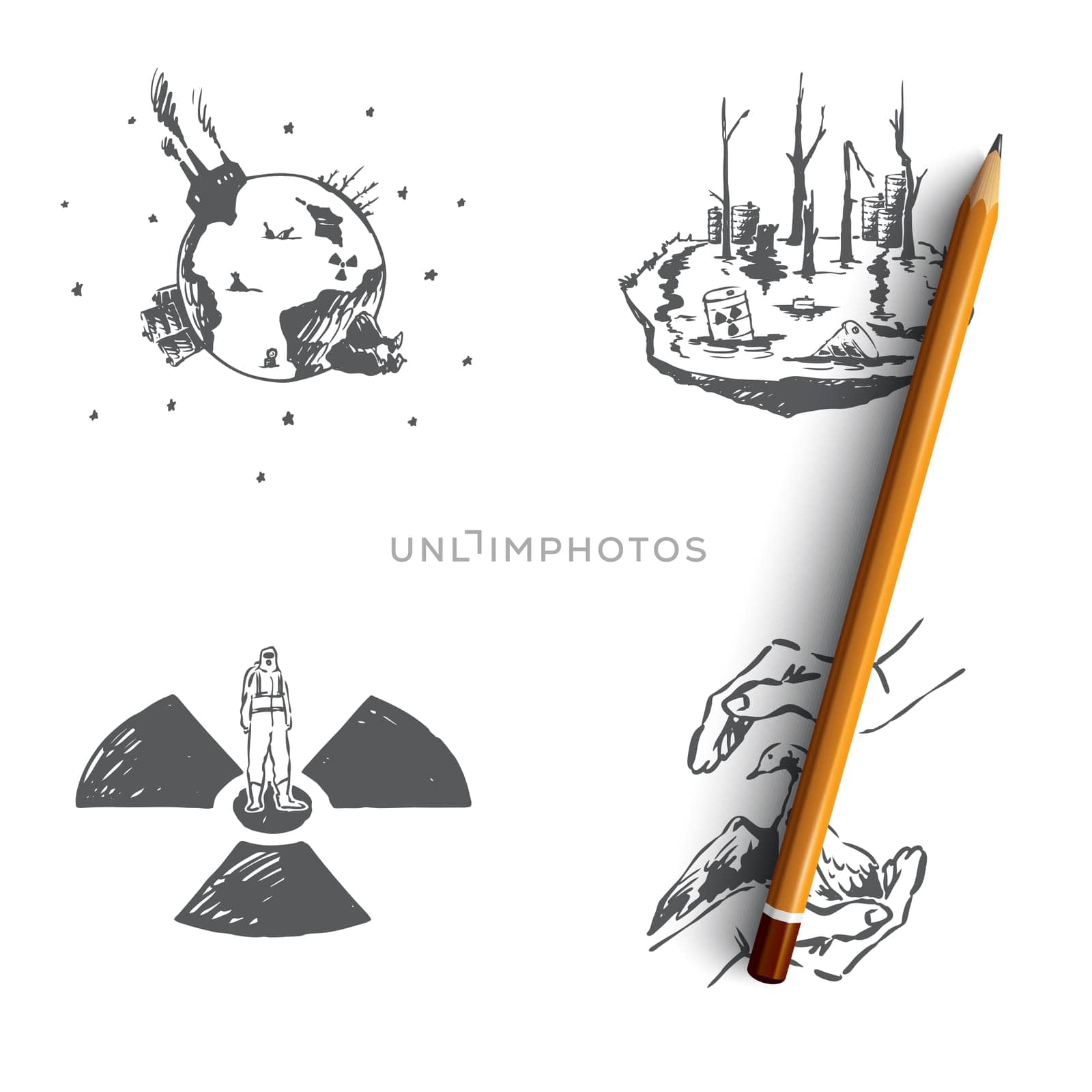 Ecological problems - saving of rare species, pollution, global wrming vector concept set. Hand drawn sketch isolated illustration
