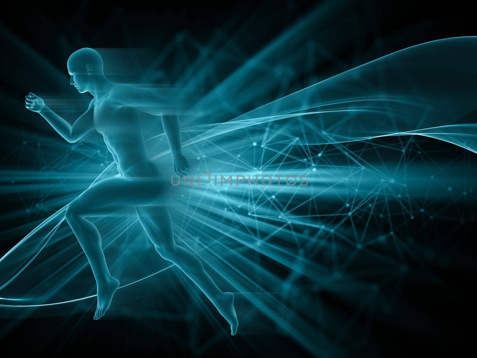 3D render of a male figure running on abstract techno background