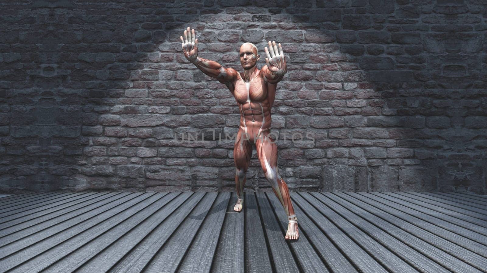 3D render of a male figure in standing stretch pose in grunge interior