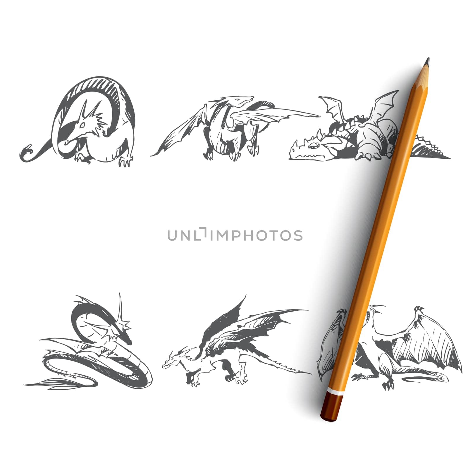 Dragons - different types of dragons vector concept set. Hand drawn sketch isolated illustration