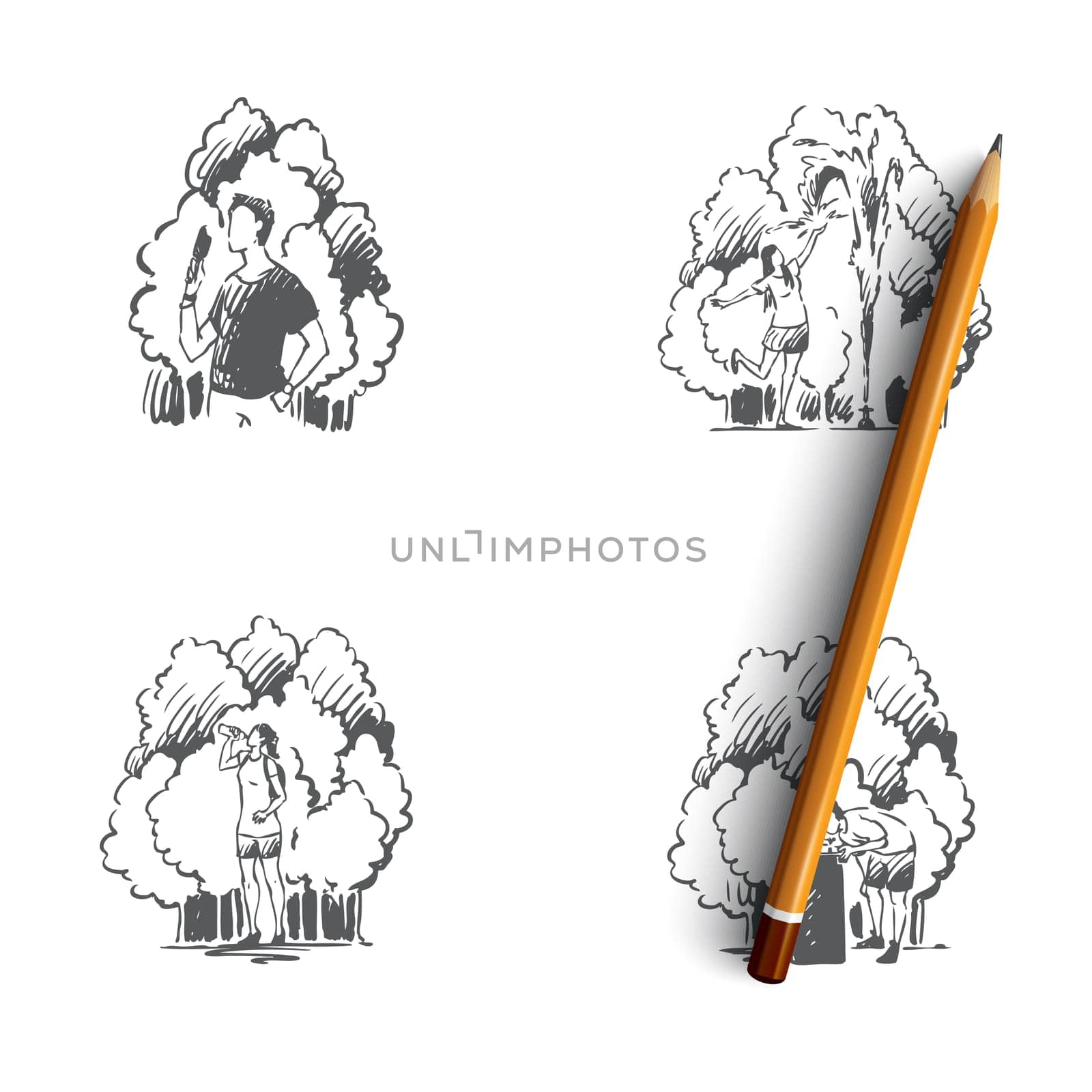 Hot weather- people eating ice cream, playing with fountain, drinking much water on summer vector concept set. Hand drawn sketch isolated illustration