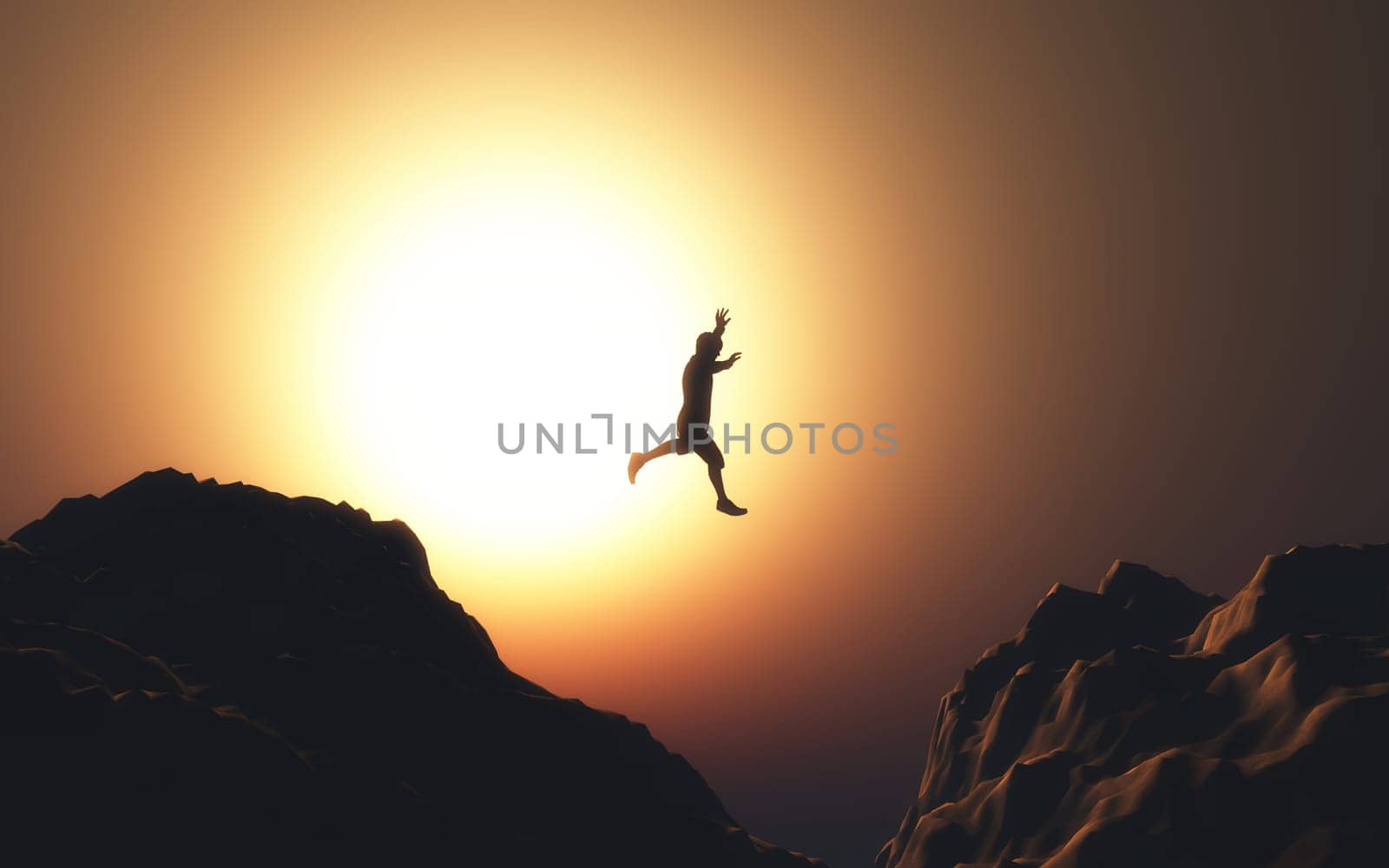 3D render of a male figure jumping from one mountain to another