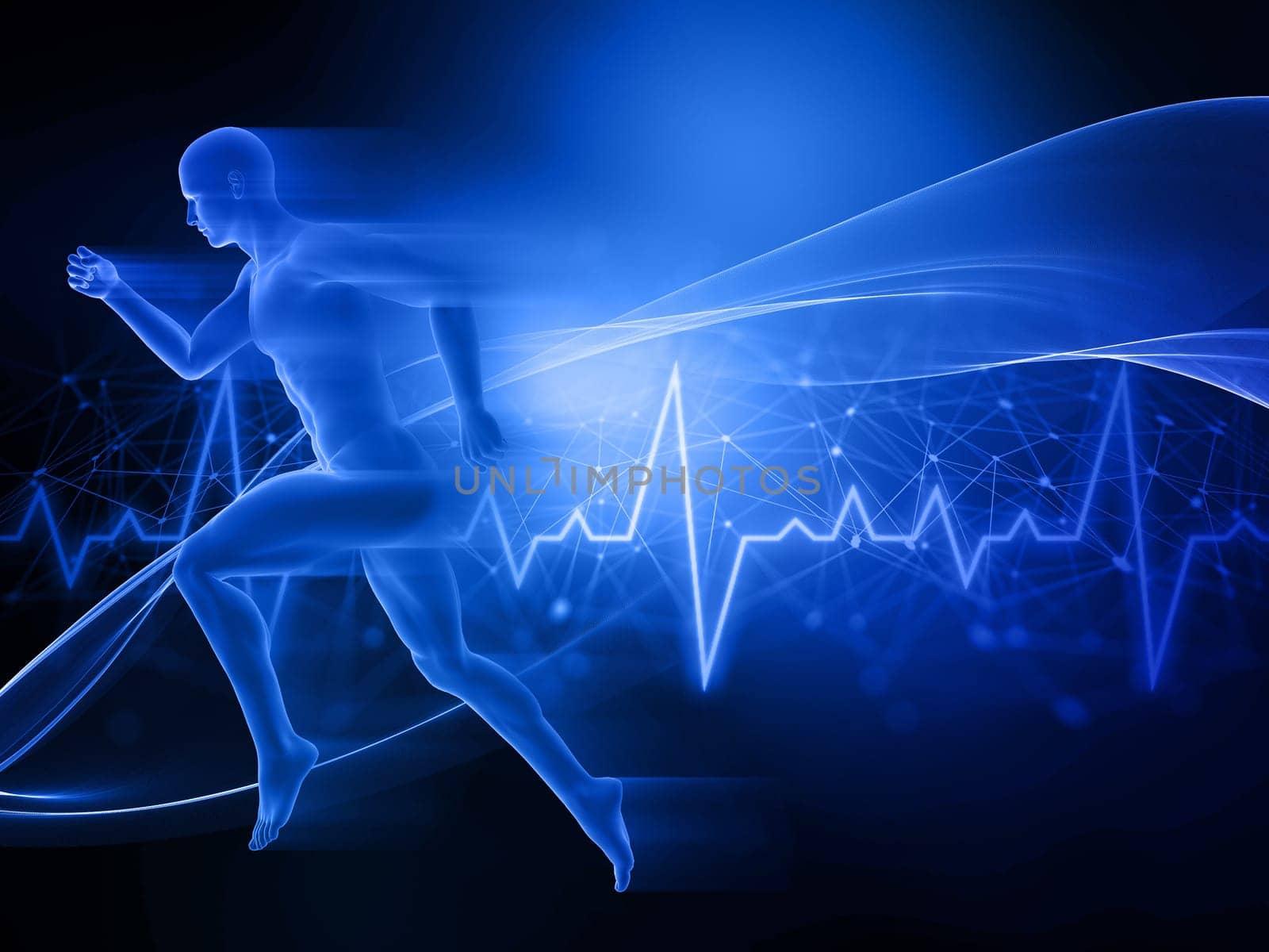 3D render of a male figure running on abstract techno background with heart rate