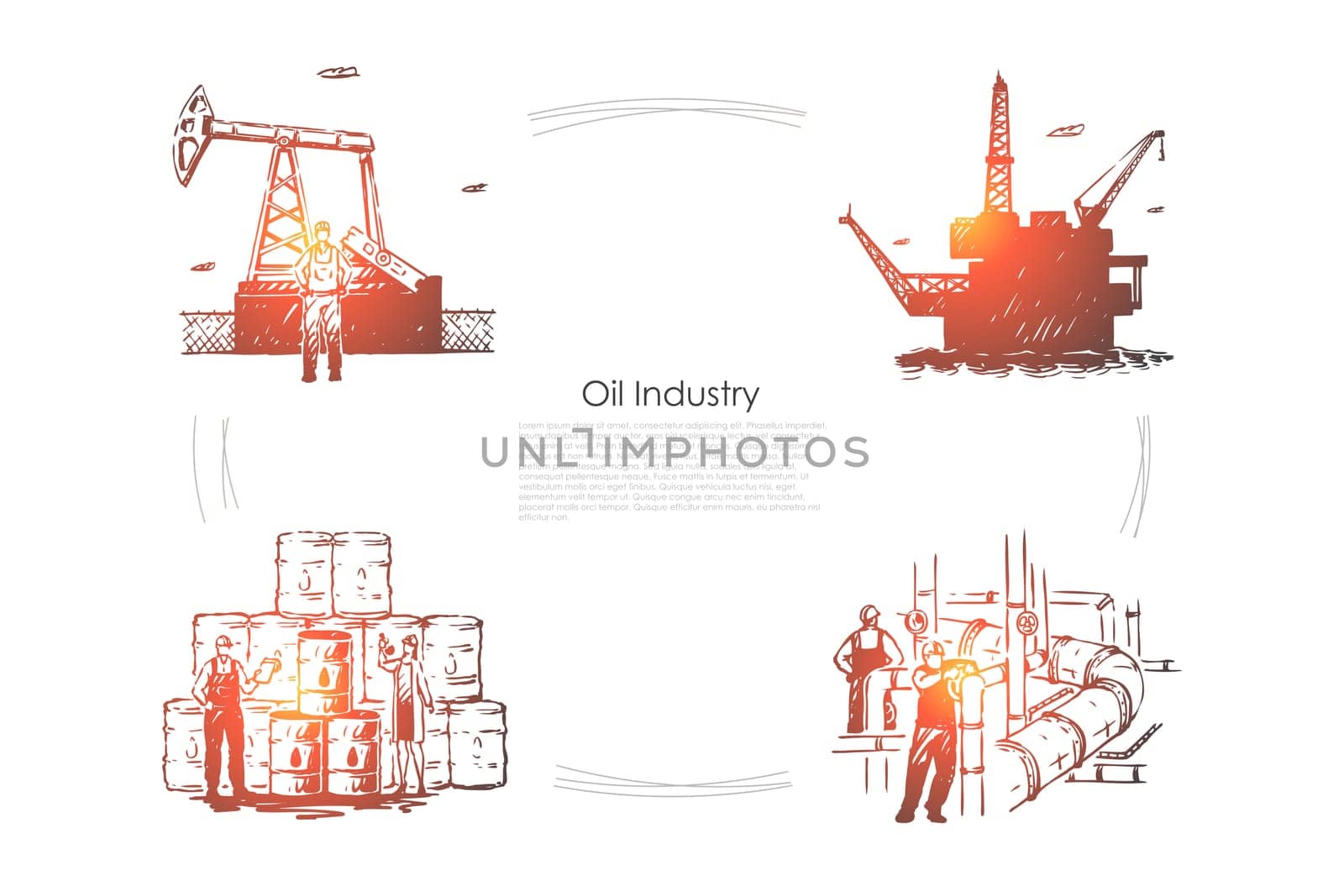 Gas production plant, workers at pipeline, industrial equipment, drilling platform, rig, fuel pump banner template. Oil industry, petroleum refinery concept sketch. Hand drawn vector illustration