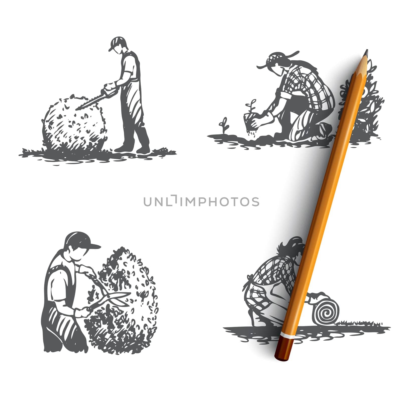 Landscaping- lawn mowing, seedlings, lawn lash, bush cutting vector concept set. Hand drawn sketch isolated illustration