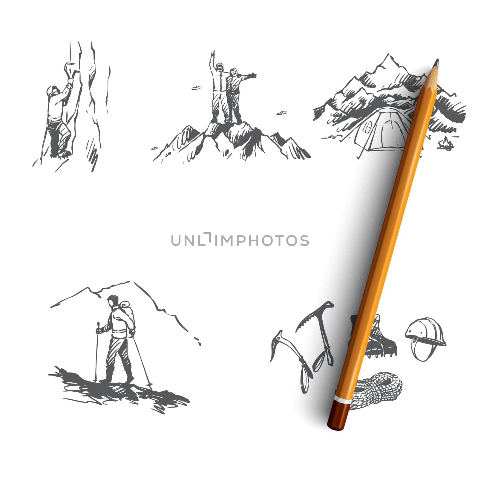 Mountaineering - sportsmen climbing mountains, camping and special equipment vector concept set. Hand drawn sketch isolated illustration