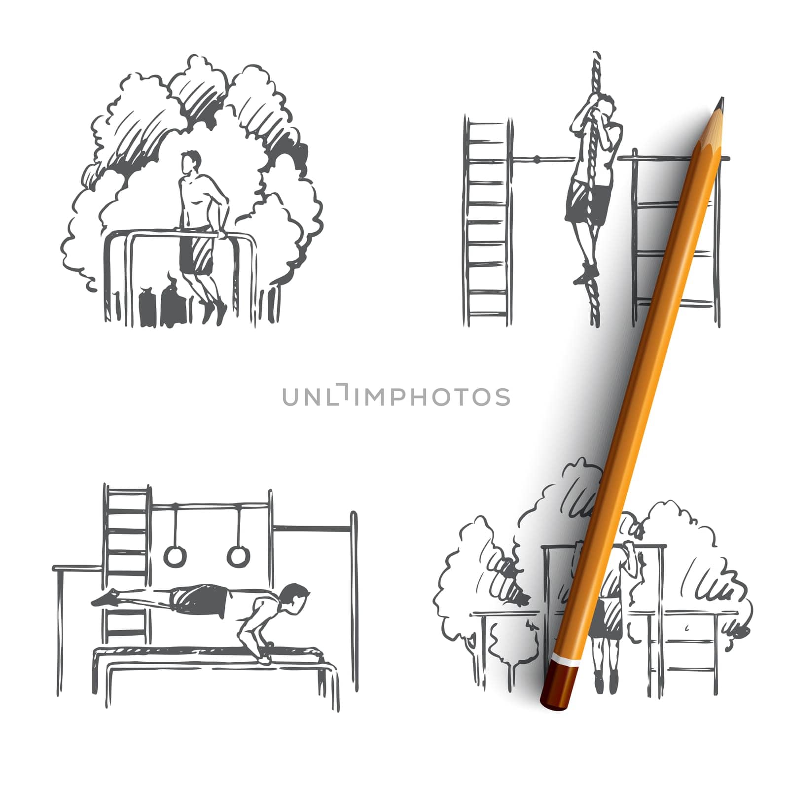 Athletic field - man doing exercises and pulling up on rope on athletic playground vector concept set. Hand drawn sketch isolated illustration