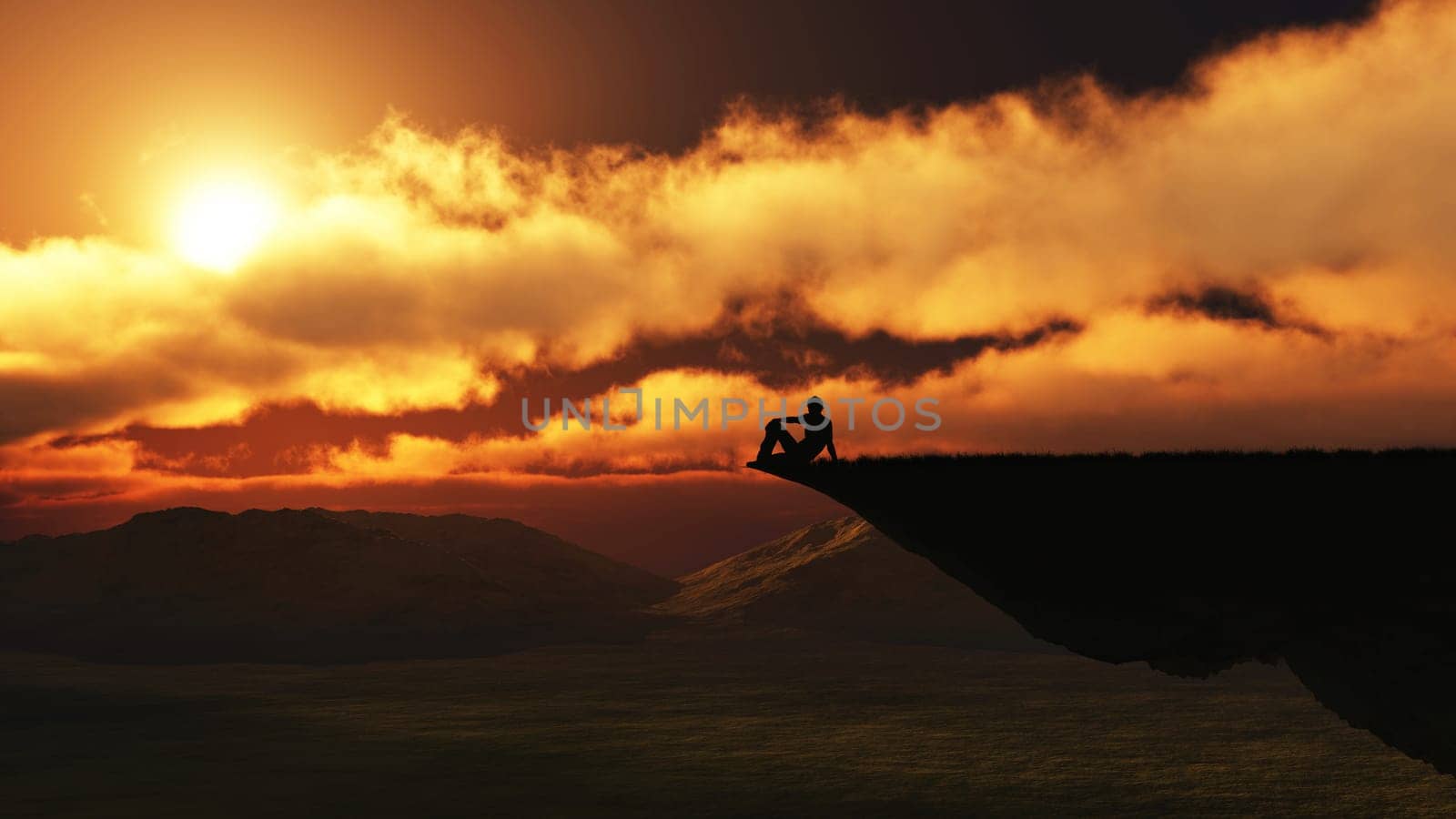 3D render of a male figure sitting on the edge of a cliff face